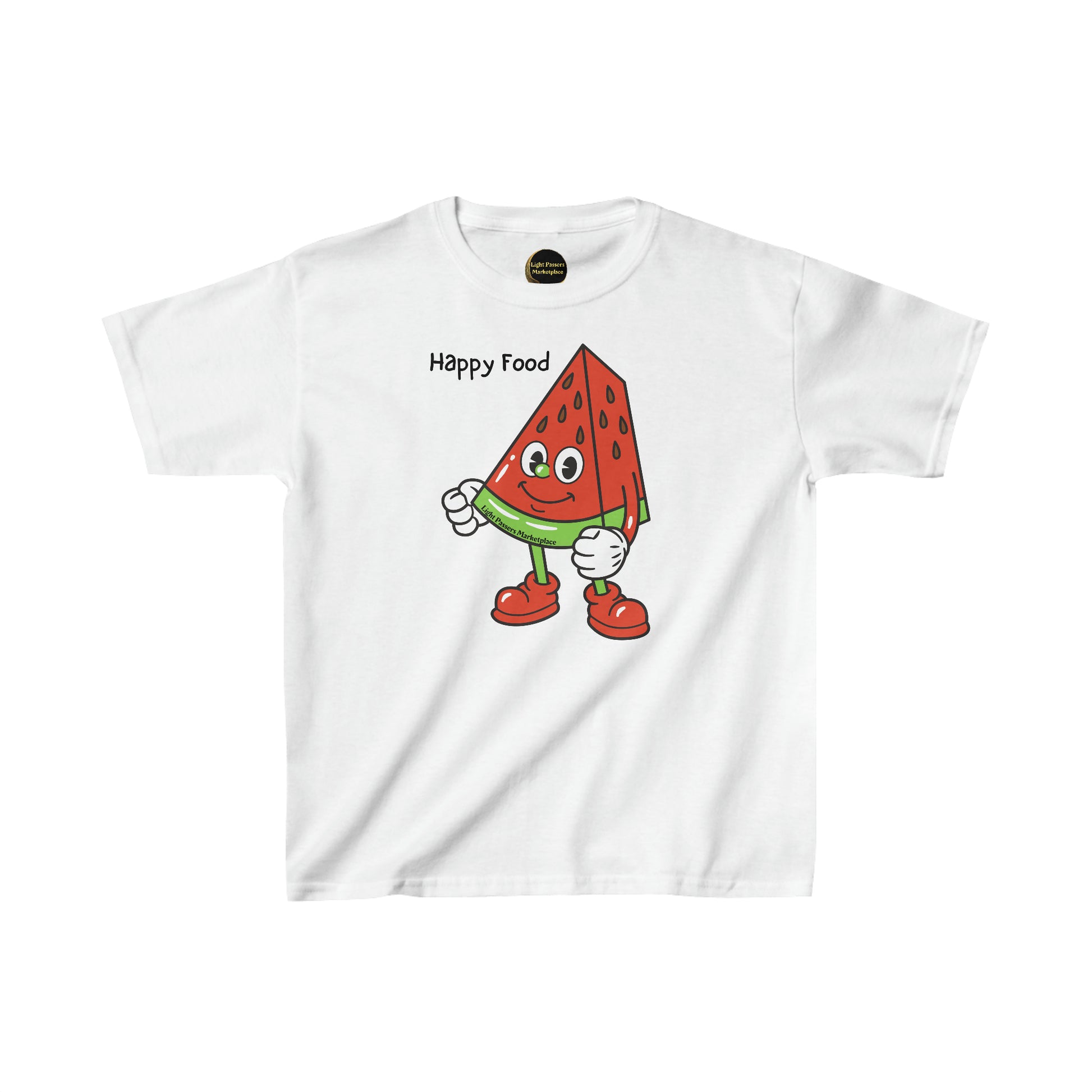 A white youth t-shirt featuring a cartoon watermelon character. Made of 100% cotton, with twill tape shoulders and curl-resistant collar for durability. Ethically sourced US cotton.