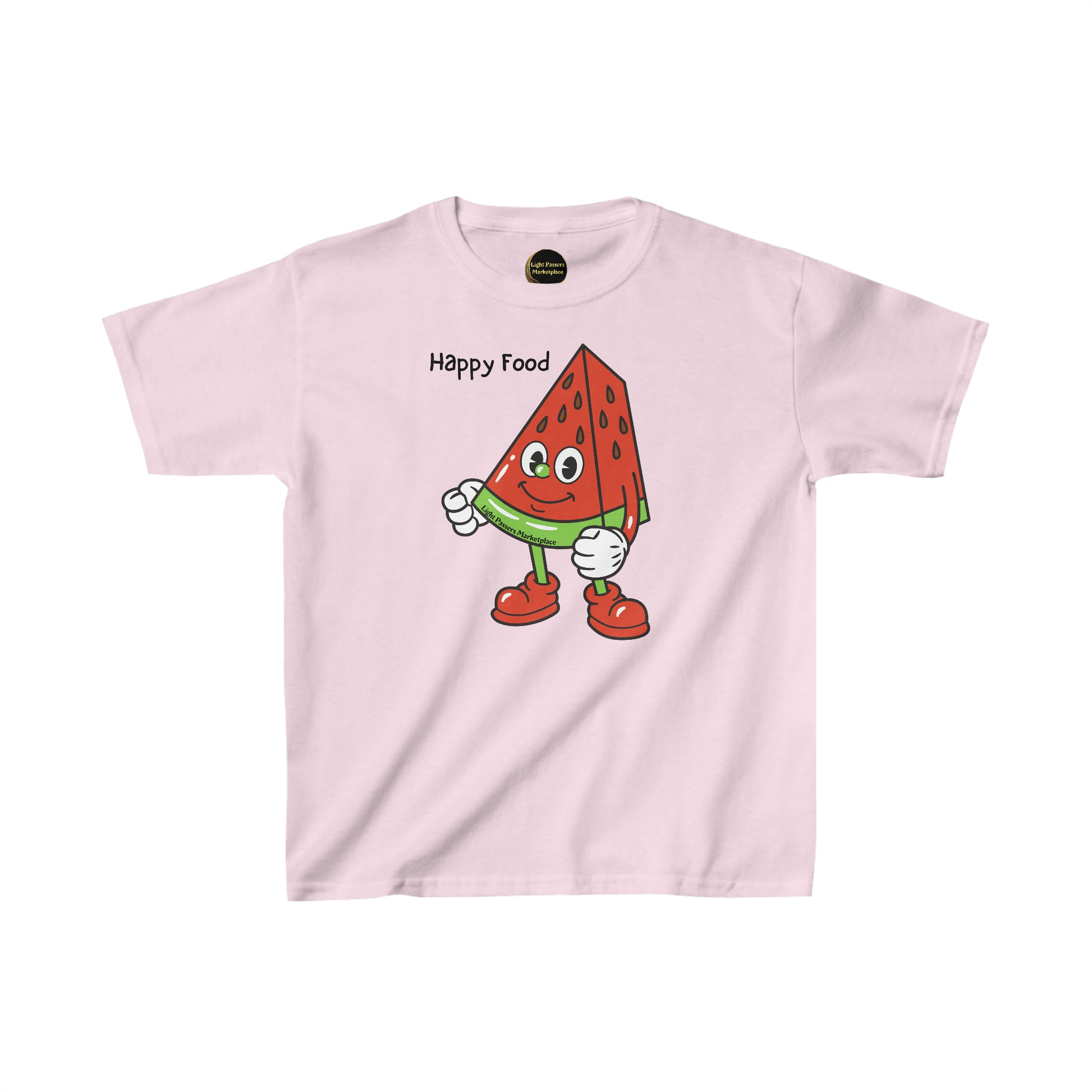 Youth t-shirt featuring a cartoon watermelon character, made of 100% cotton with twill tape shoulders for durability. Curl-resistant collar, no side seams, and ethically sourced materials.