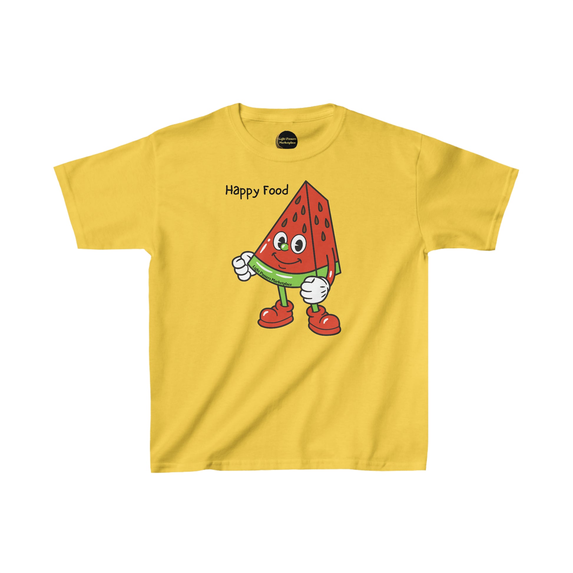Youth yellow t-shirt featuring a cartoon watermelon design and a fist graphic. Made of 100% cotton with twill tape shoulders and ribbed collar for durability and comfort.