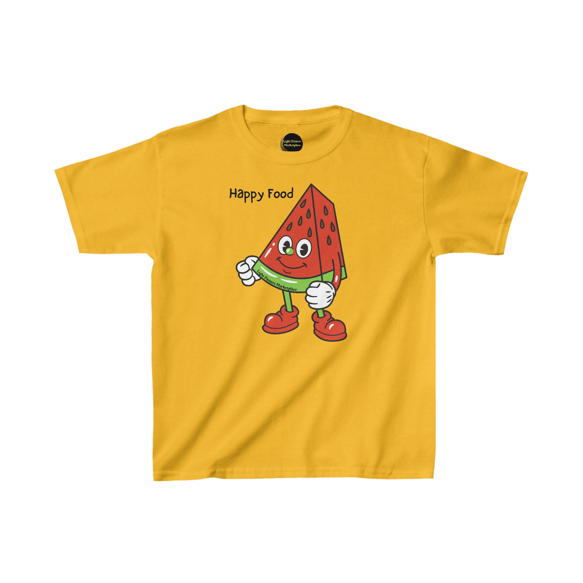 Youth yellow t-shirt featuring a cartoon watermelon character, ideal for everyday wear. Made with 100% cotton for solid colors, with twill tape shoulders for durability and ribbed collar for curl resistance. Ethically sourced US cotton.