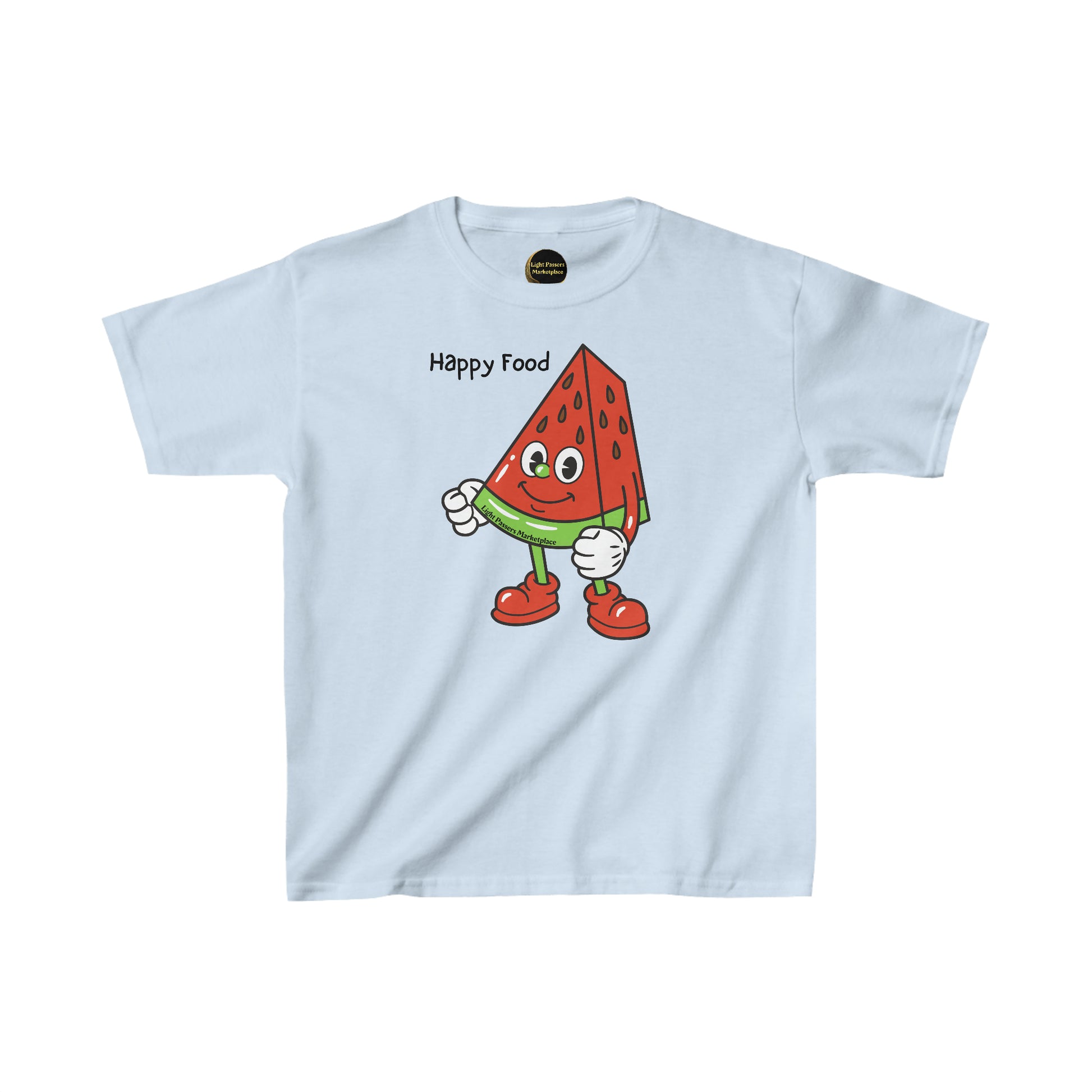 A youth t-shirt featuring a cartoon watermelon character on a white background. Made of 100% cotton with twill tape shoulders for durability and ribbed collar for curl resistance. Ethically sourced and Oeko-Tex certified.