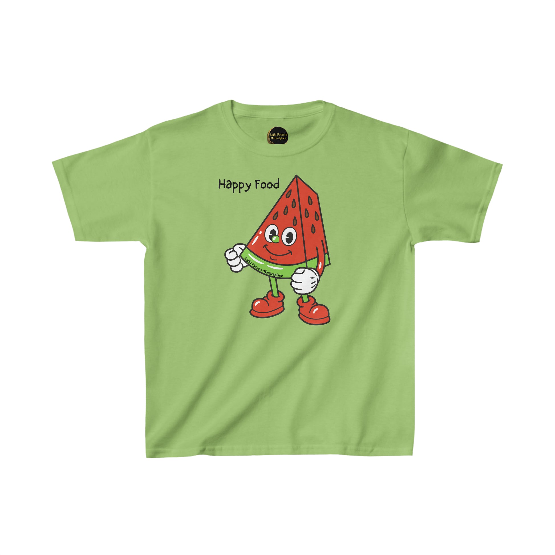 A green youth t-shirt featuring a cartoon watermelon character, made of 100% cotton for comfort, with twill tape shoulders for durability and a curl-resistant collar. Ethically sourced and Oeko-Tex certified.