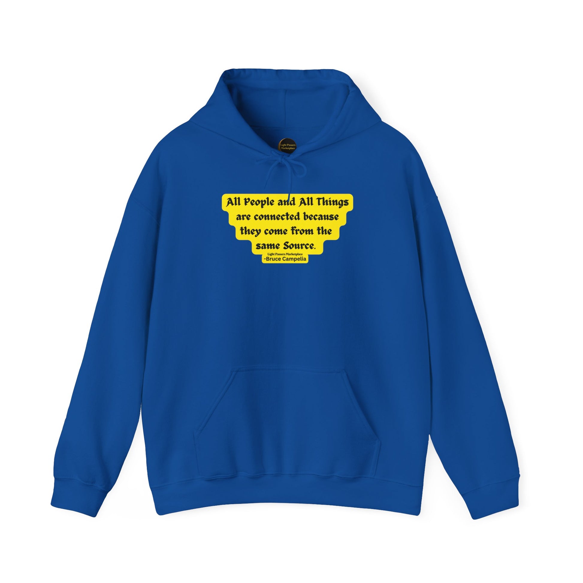 A blue unisex hooded sweatshirt with a kangaroo pocket and color-matched drawstring. Made of 50% cotton and 50% polyester for warmth and comfort.