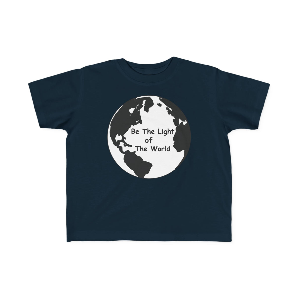 Navy toddler T-shirt with crew neck and globe 'Be The Light Of The World' print