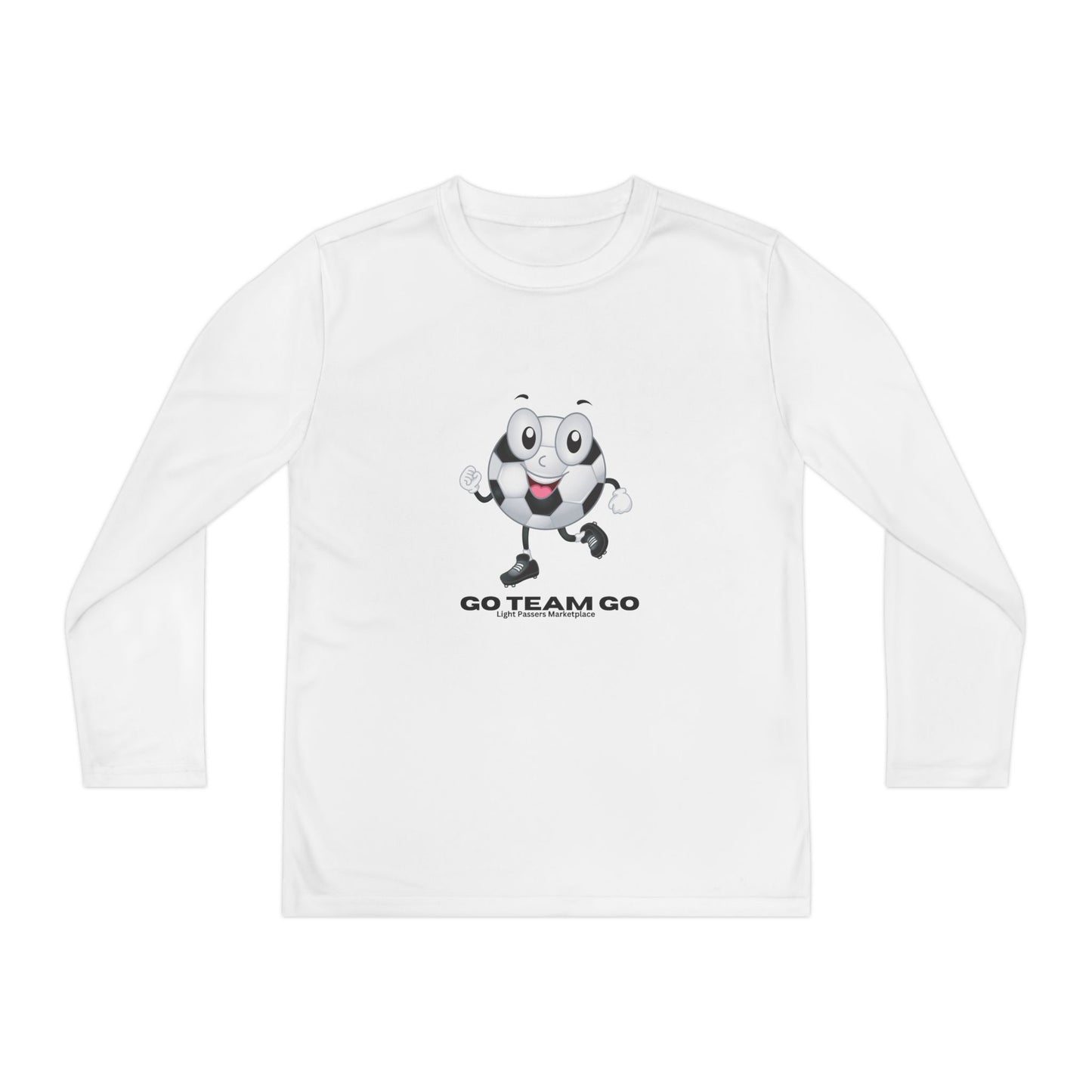 Youth Long Sleeve Soccer Ball Guy Go Team Go shirt features a playful soccer ball character with GO TEAM GO text, ideal for energetic young sports fans.