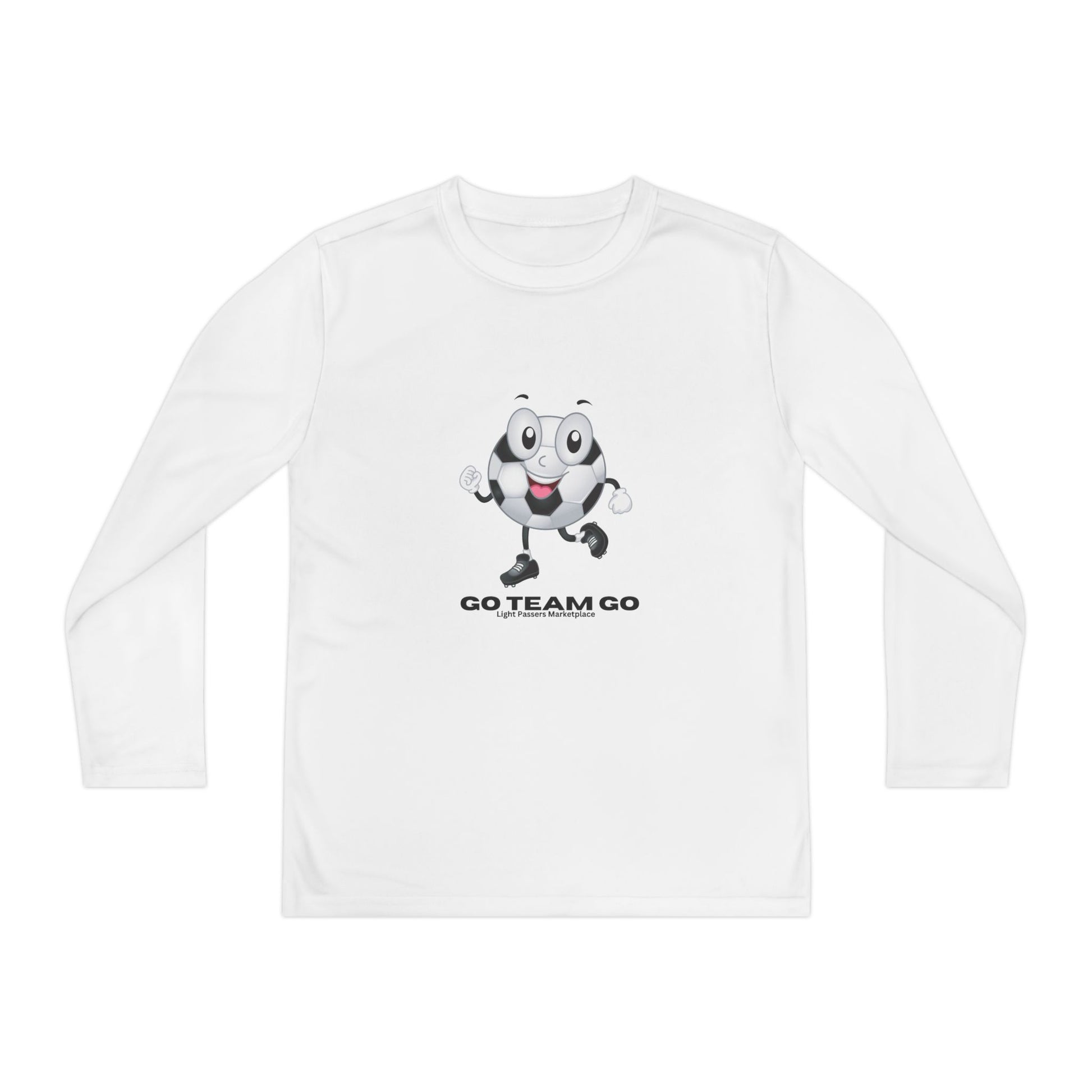 Youth Long Sleeve Soccer Ball Guy Go Team Go shirt features a playful soccer ball character with GO TEAM GO text, ideal for energetic young sports fans.