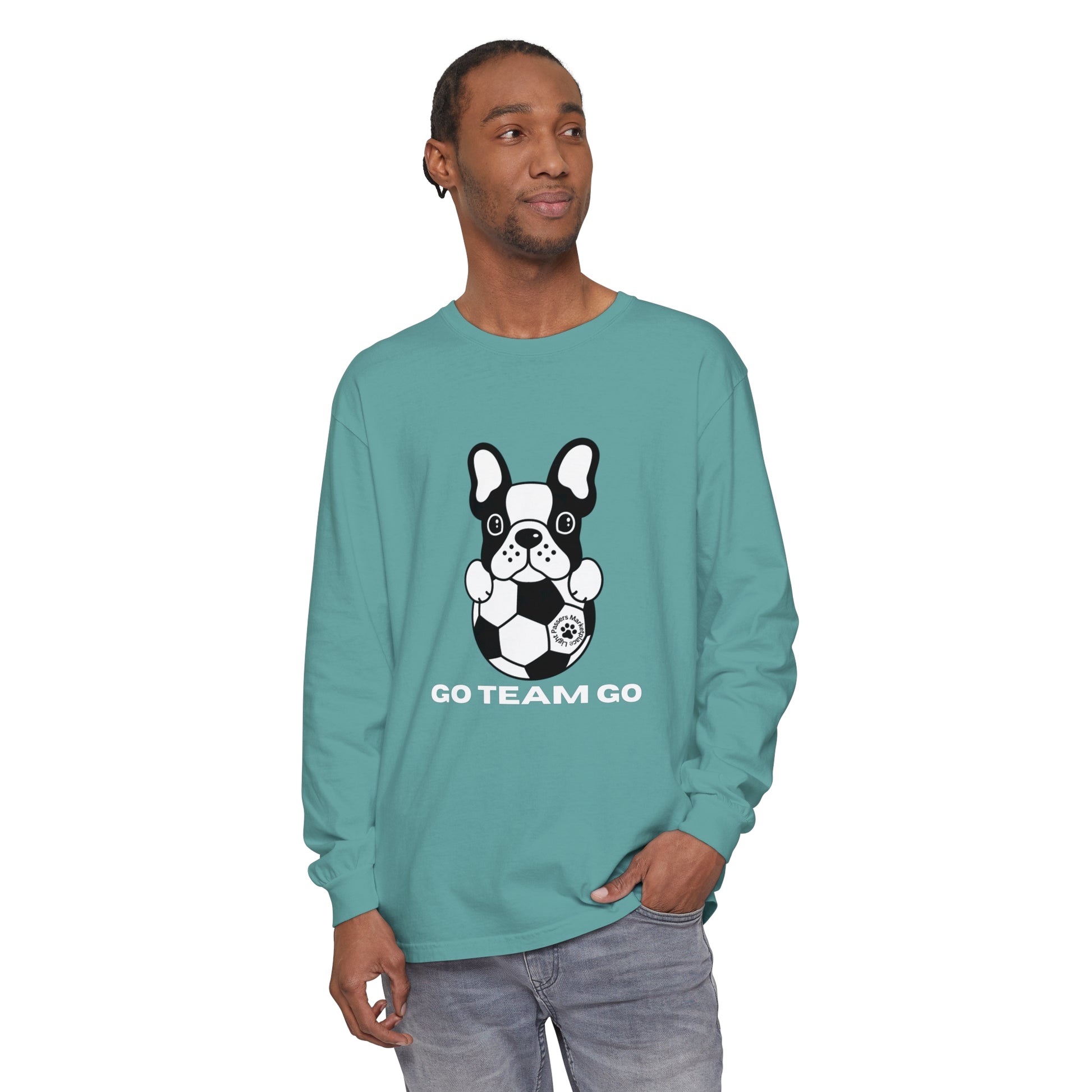 Teams Soccer Dog Adult Unisex Garment-dyed Long Sleeve featuring a relaxed fit, visible logo, and soft ring-spun cotton fabric, perfect for casual settings.