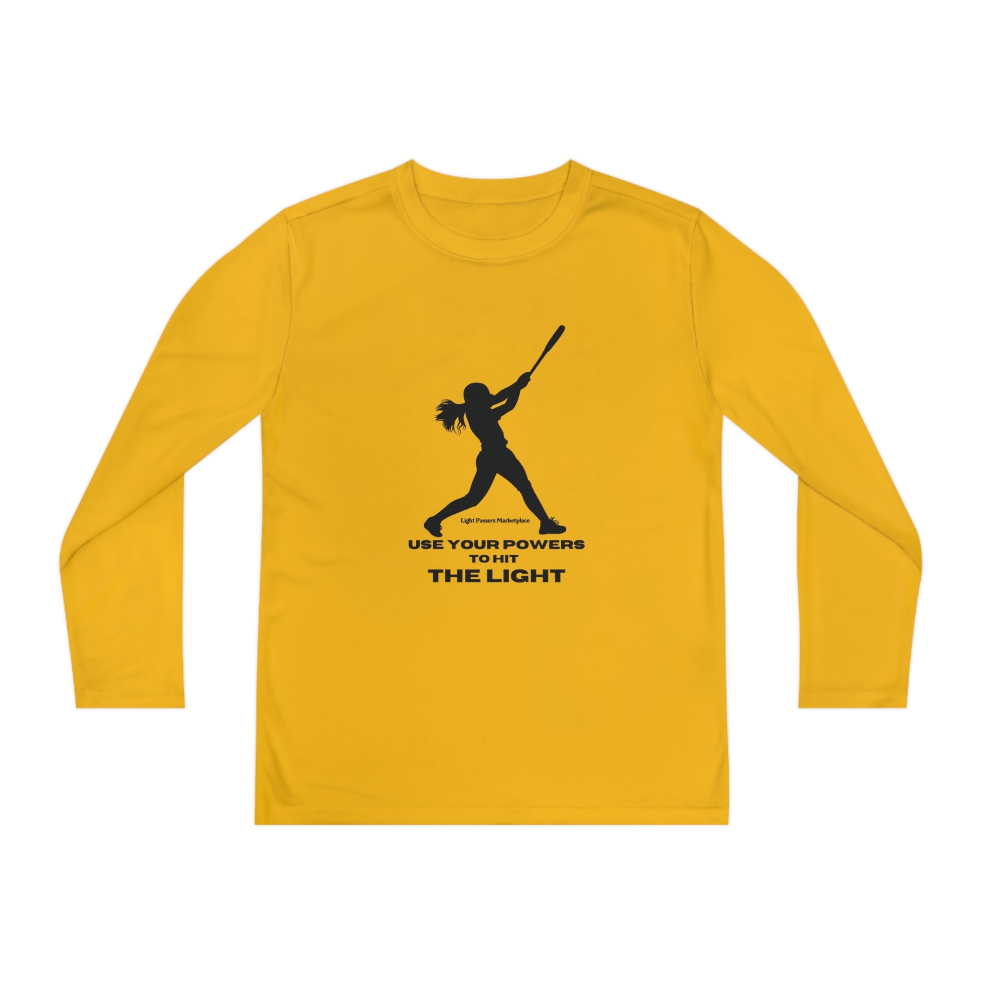Youth long sleeve active shirt featuring a girl swinging a bat silhouette. Made of moisture-wicking polyester with an athletic fit and lightweight fabric. Ideal for active kids.