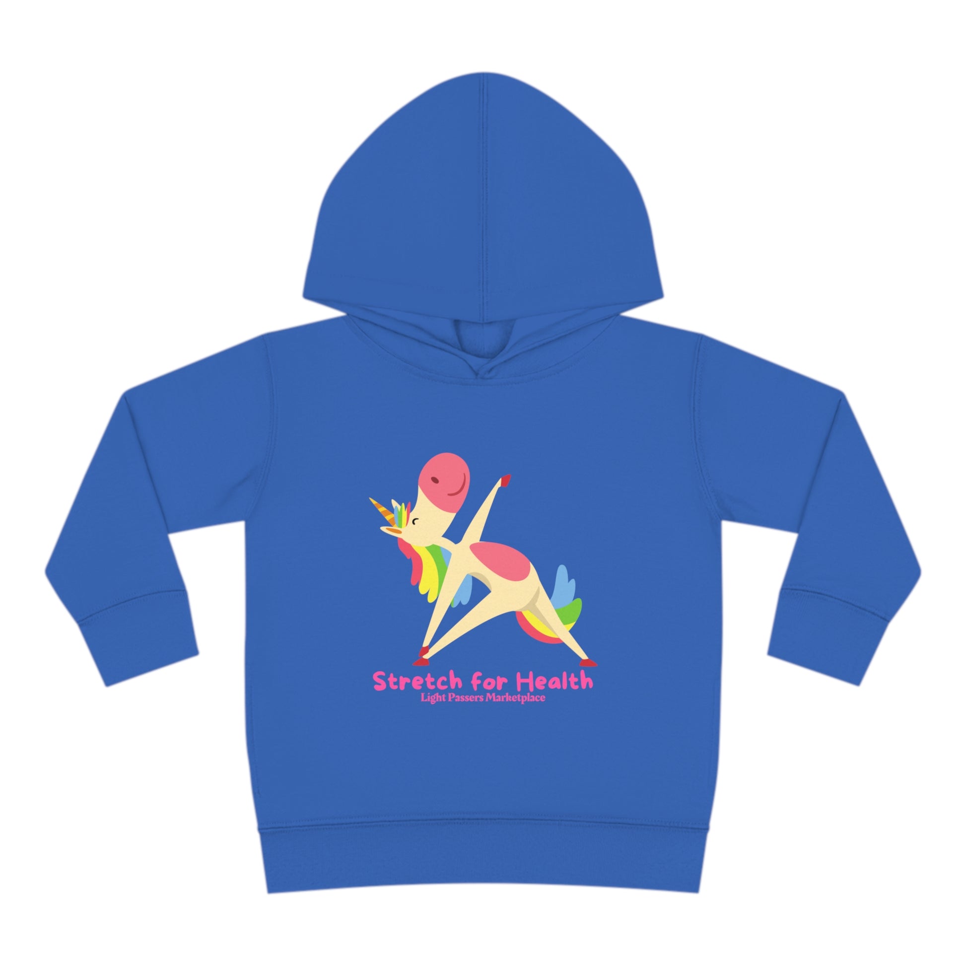 A Rabbit Skins toddler hoodie featuring a unicorn stretching cartoon on a blue background. Jersey-lined hood, double-needle stitching, side seam pockets for cozy durability.