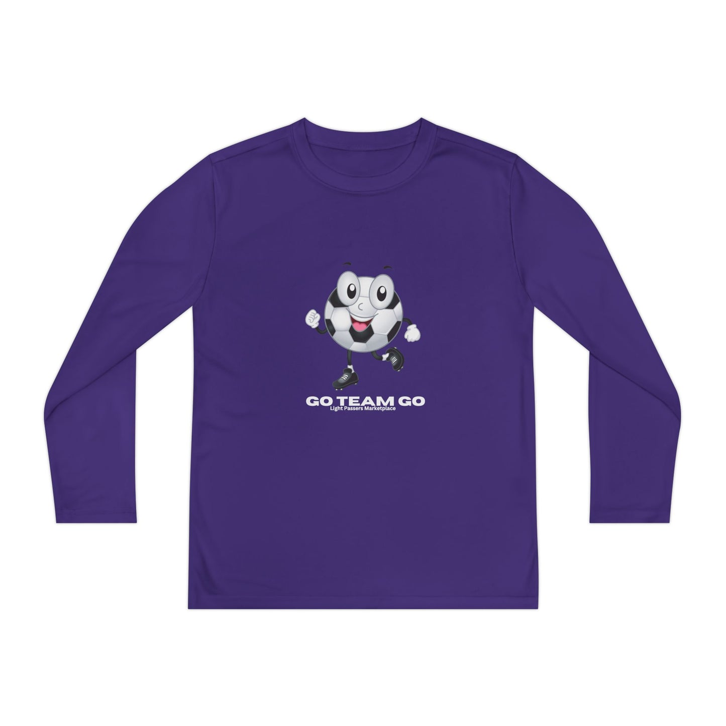 Youth Long Sleeve Soccer Ball Guy Go Team Go features a joyful soccer ball character with GO TEAM GO text, perfect for young sports enthusiasts.
