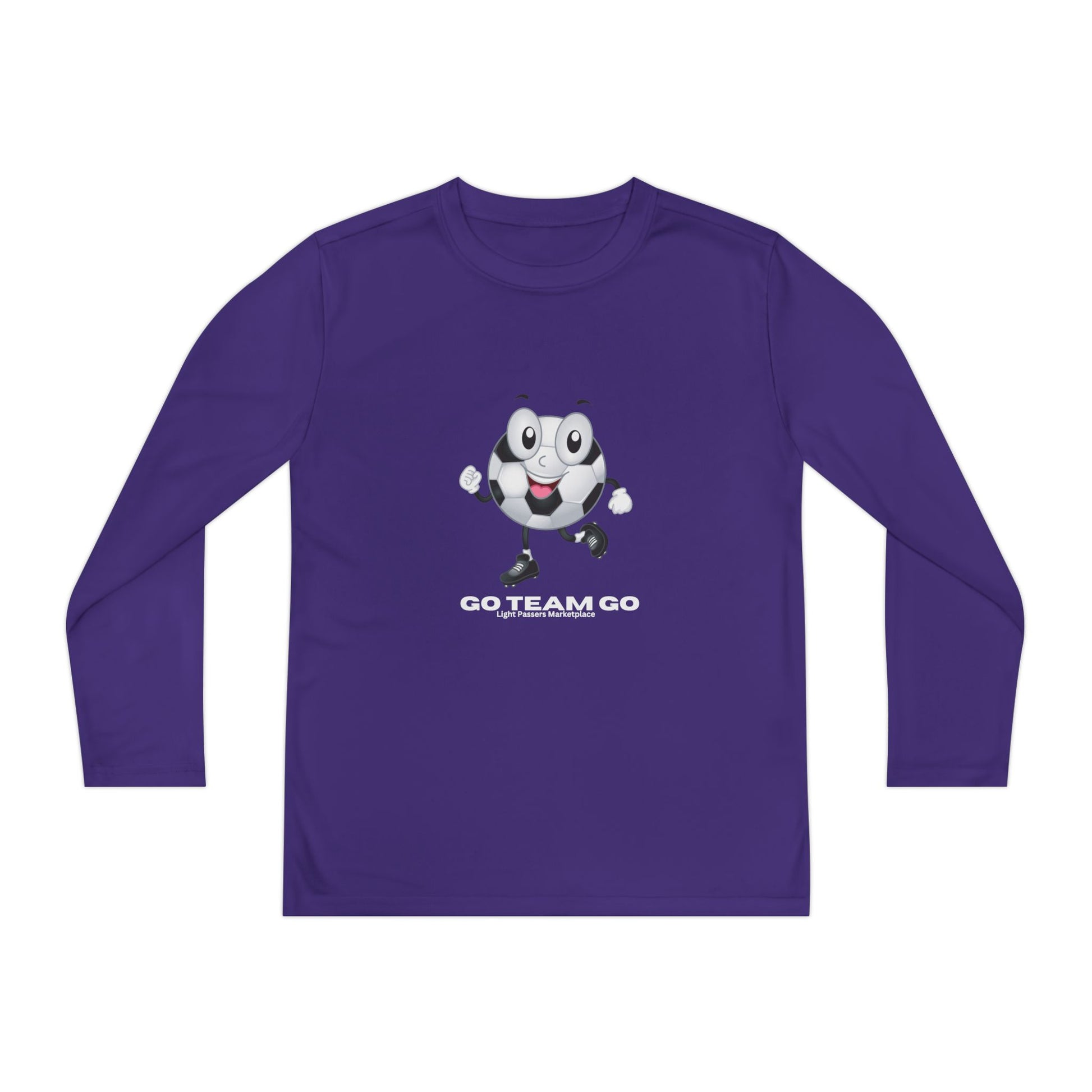 Youth Long Sleeve Soccer Ball Guy Go Team Go features a joyful soccer ball character with GO TEAM GO text, perfect for young sports enthusiasts.