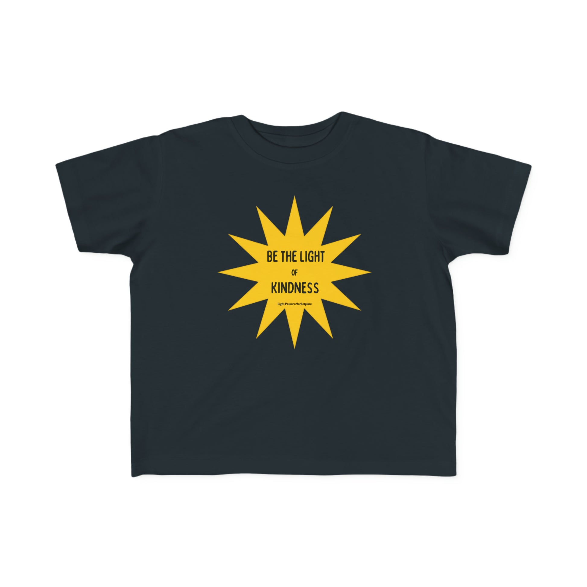 A toddler's black tee with a yellow star and sun design, ideal for sensitive skin. Made of 100% combed, ring-spun cotton, featuring a durable print and a tear-away label.