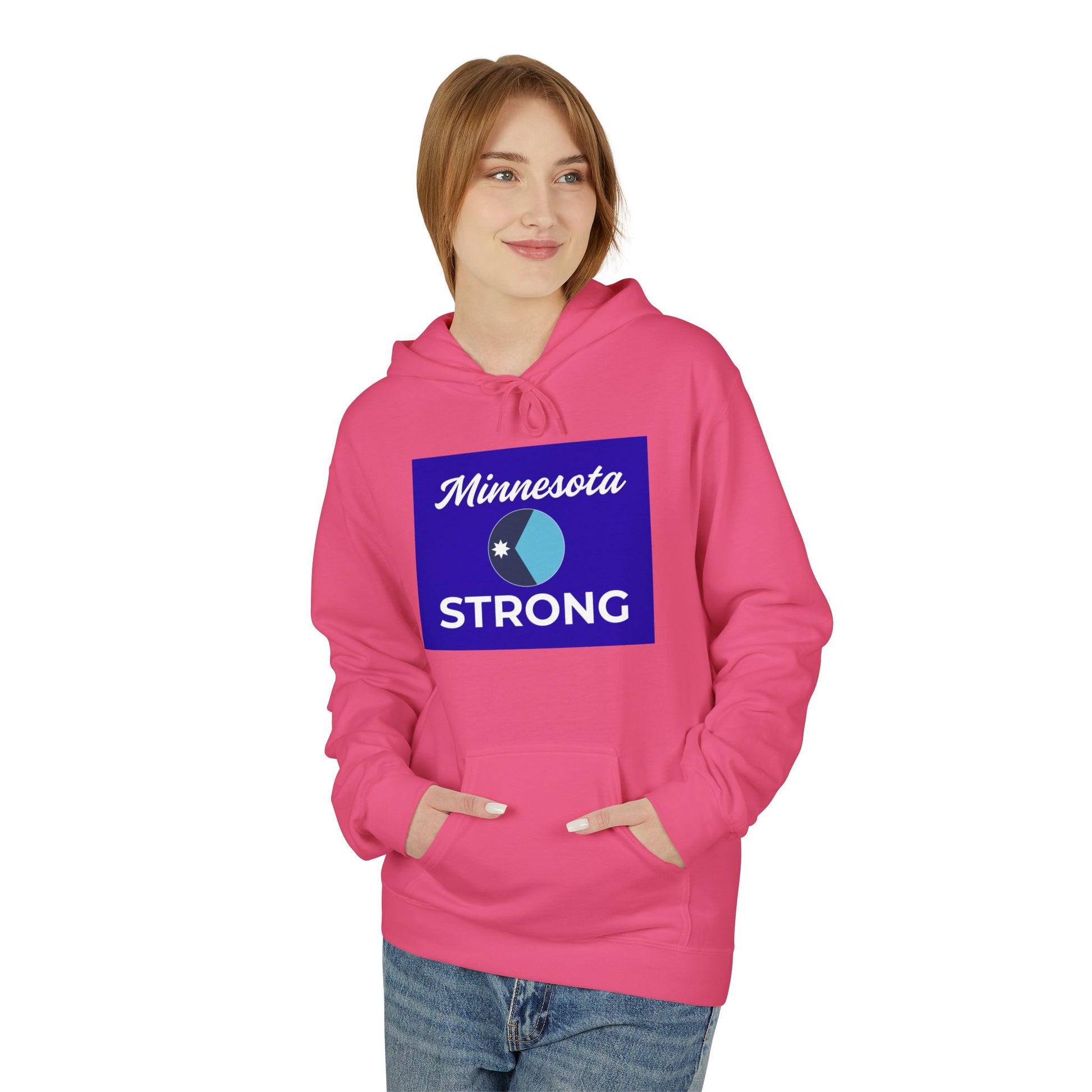 Young woman in a bright pink Love and Peace The Light Minnesota Strong Hoodie with kangaroo pocket and blue graphic, embodying resilience and warmth.