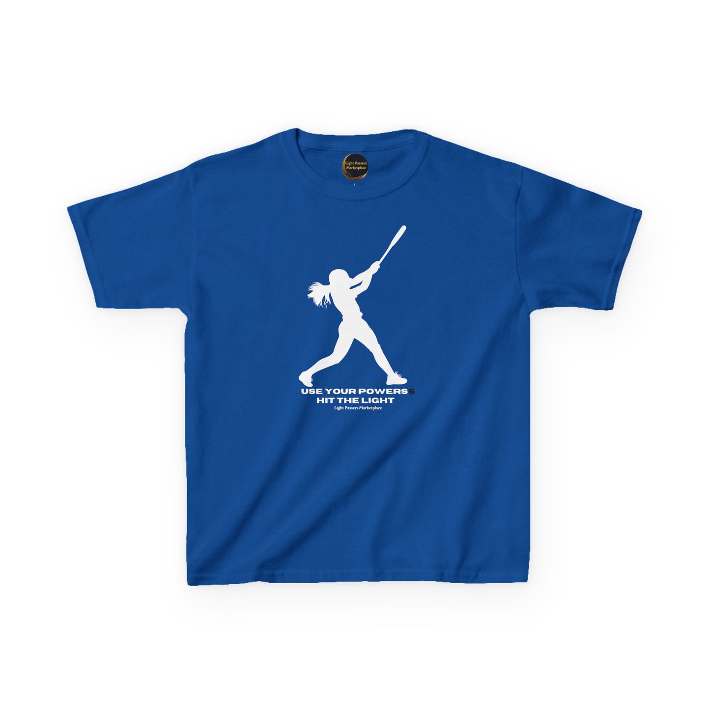 Youth royal-blue T-shirt featuring a white silhouette of a female batter swinging, with the inspirational message USE YOUR POWERS HIT THE LIGHT from Light Passers Marketplace.
