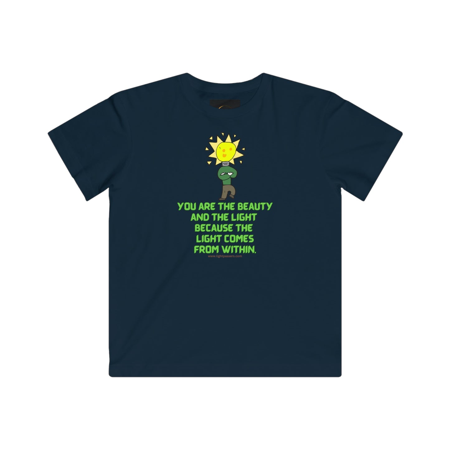 A longer-length youth tee featuring a cartoon light bulb character on a blue shirt with green text. Made of soft cotton, light fabric, tear-away label, and a high-quality print.