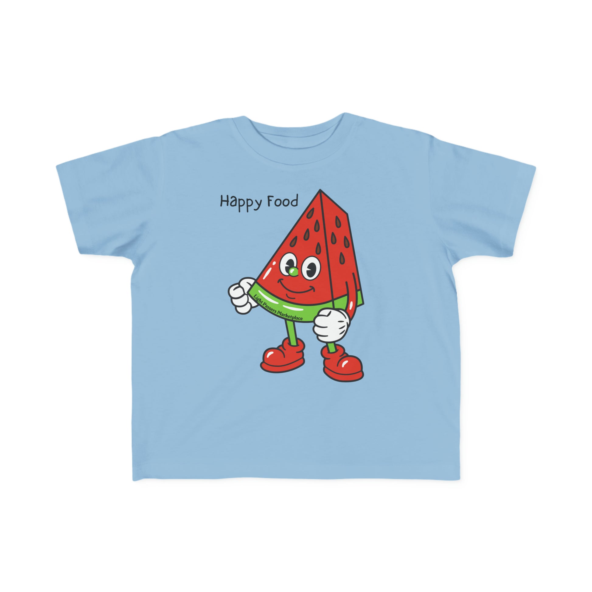 Happy Food Watermelon Toddler T-shirt featuring a blue shirt with a cartoon watermelon character. Made of 100% combed cotton, light fabric, tear-away label, and a durable print.