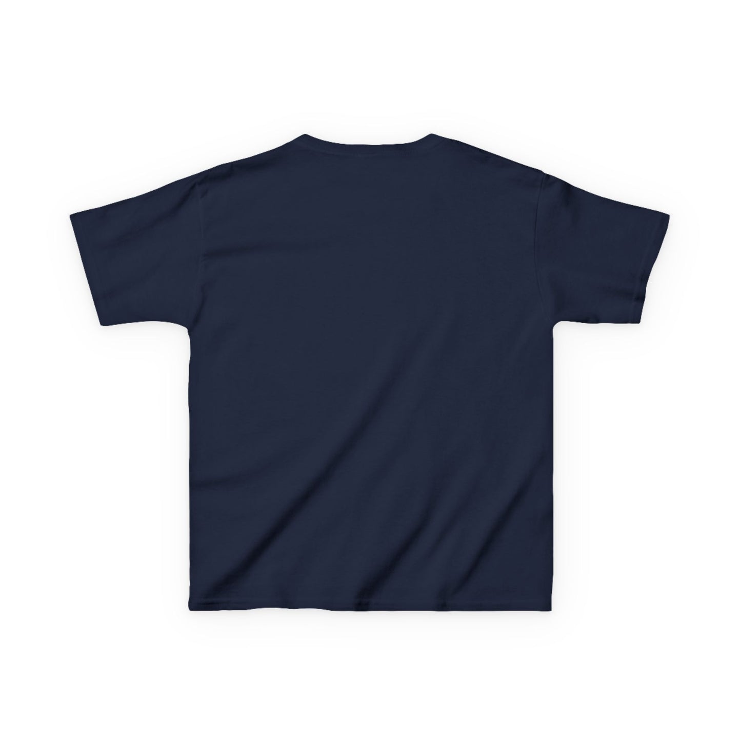 Navy-blue, short-sleeved Teams Hit the Light youth t-shirt, back view, showcasing durable, curl-resistant collar and seamless sides for comfort, from Light Passers Marketplace.