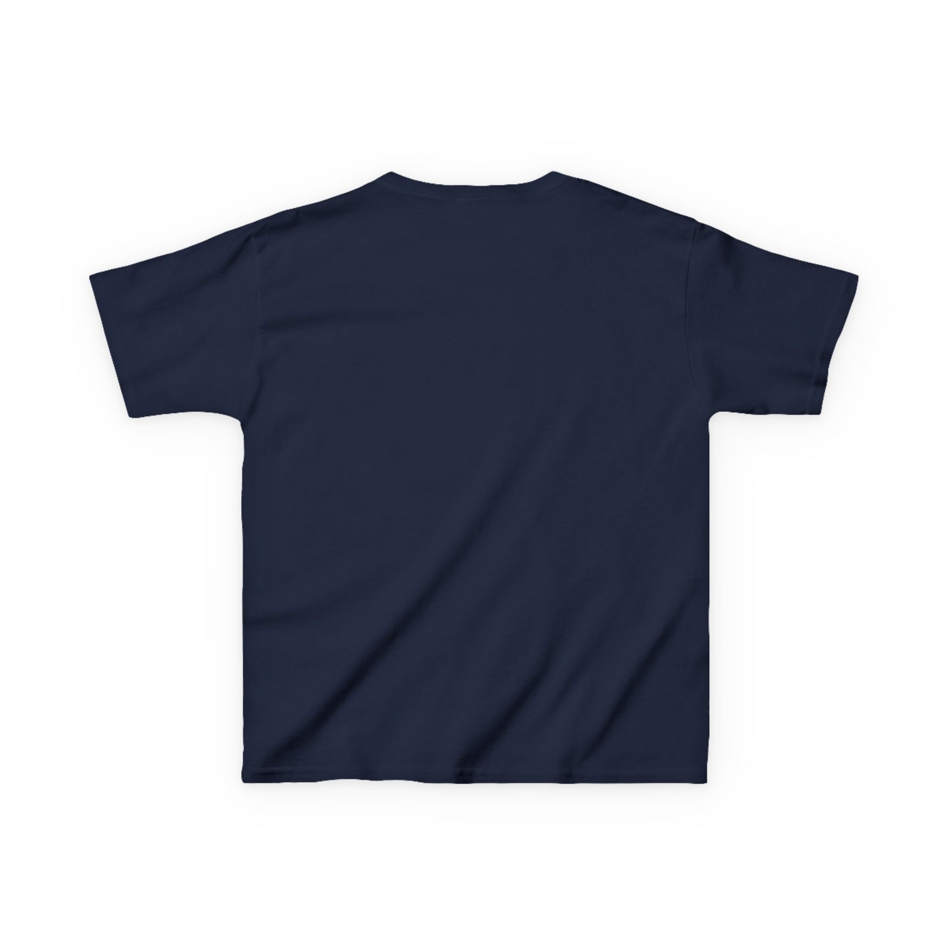 Navy-blue, short-sleeved Teams Hit the Light youth t-shirt, back view, showcasing durable, curl-resistant collar and seamless sides for comfort, from Light Passers Marketplace.