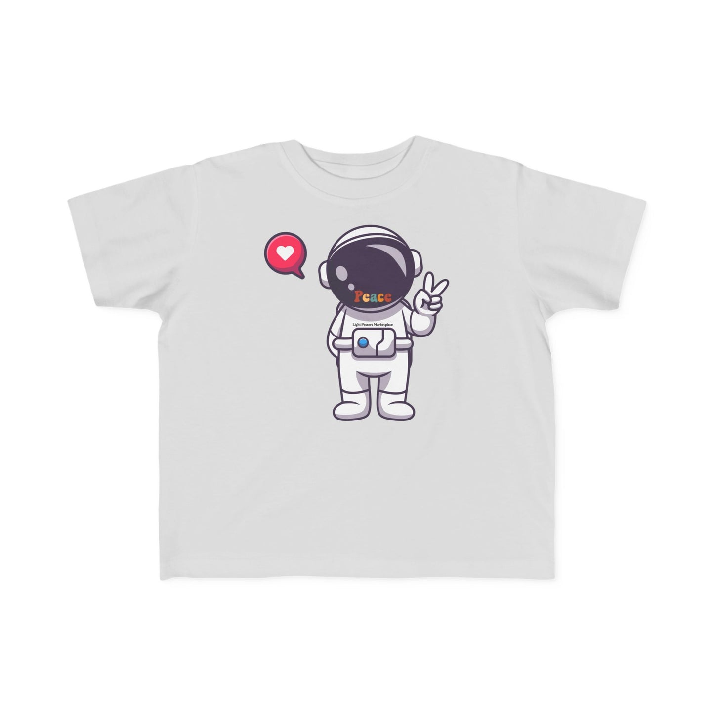 Peace Astronaut Toddler T-shirt featuring a cartoon astronaut giving a peace sign, with a red speech bubble heart. Soft cotton, ideal for toddlers' sensitive skin.
