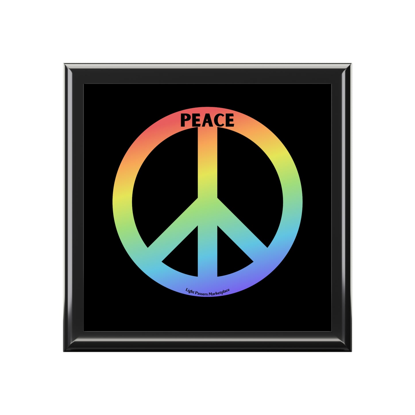Black-framed print featuring a rainbow peace symbol with PEACE above. Text below reads Light Passers Marketplace, aligning with the Peace Sign Small Jewelry Box theme.