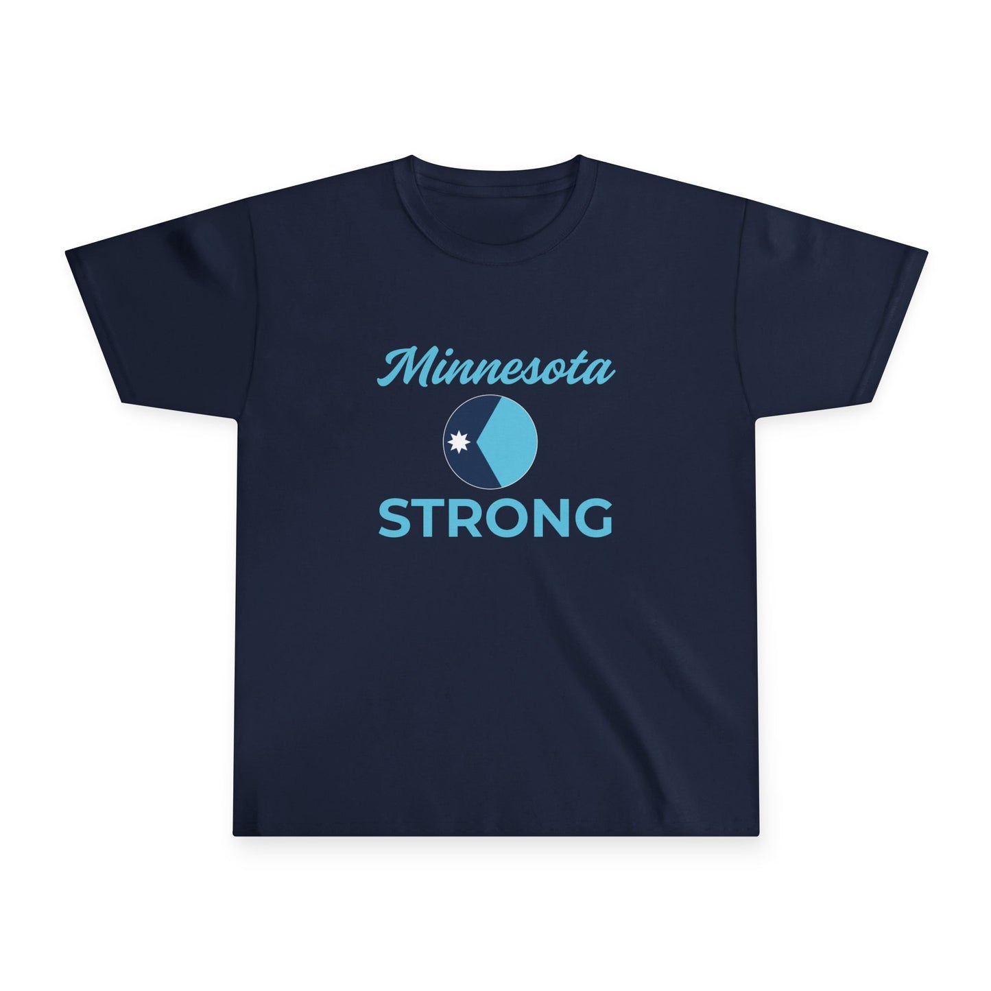 Youth tee with Minnesota Strong and star emblem; embodies quiet activism and community spirit, designed for comfort and resilience, from Light Passers Marketplace.