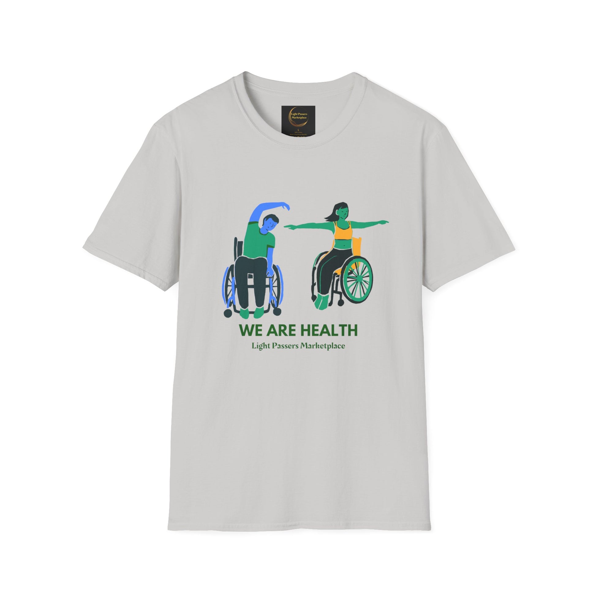 Alt text: Unisex Wheelchair Yoga T-Shirt featuring a person in a wheelchair, made of soft 100% cotton with twill tape shoulders, no side seams, and a ribbed collar for durability and comfort.