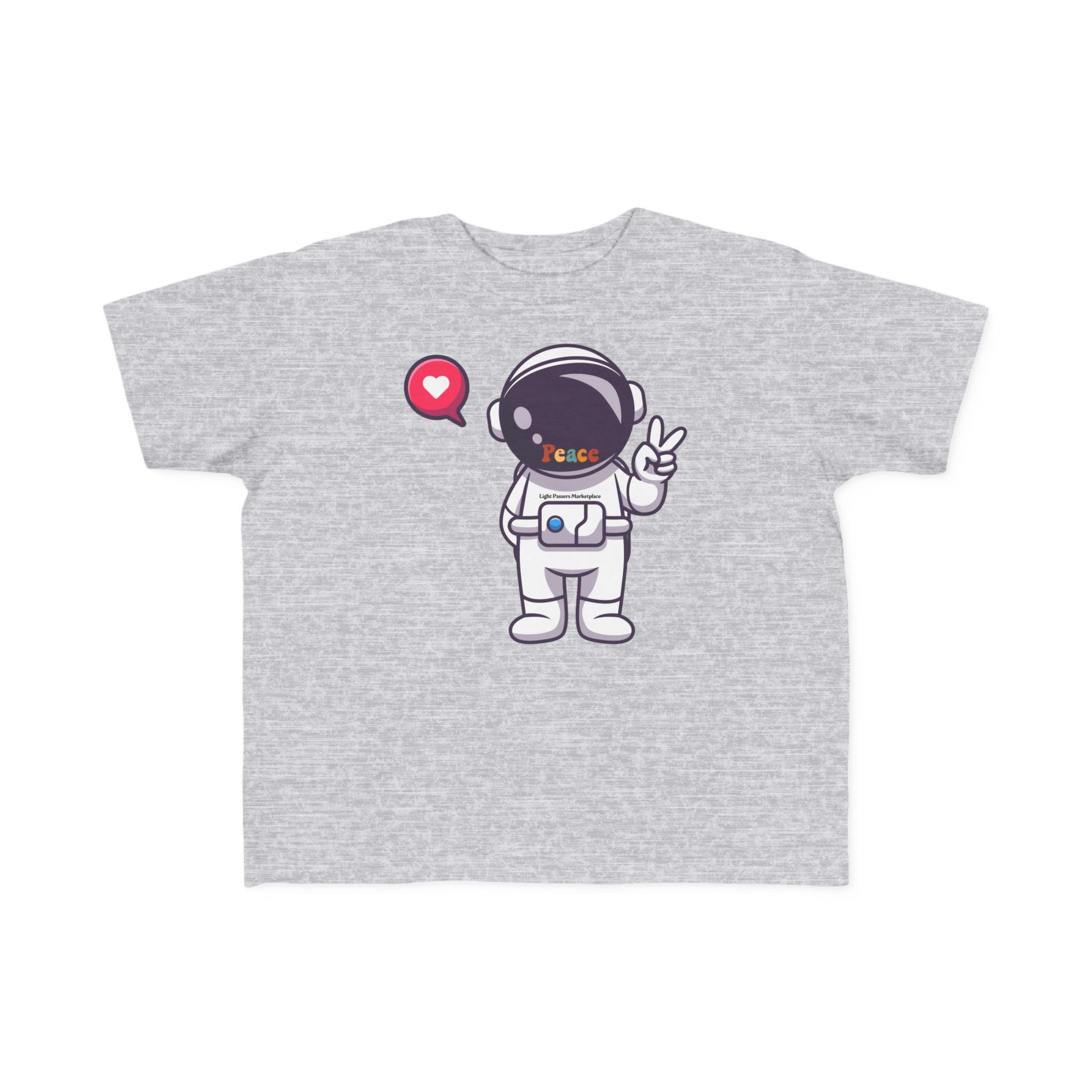 Peace Astronaut Toddler T-shirt featuring a cartoon astronaut with a peace sign and heart speech bubble, perfect for sensitive skin, from Light Passers Marketplace.