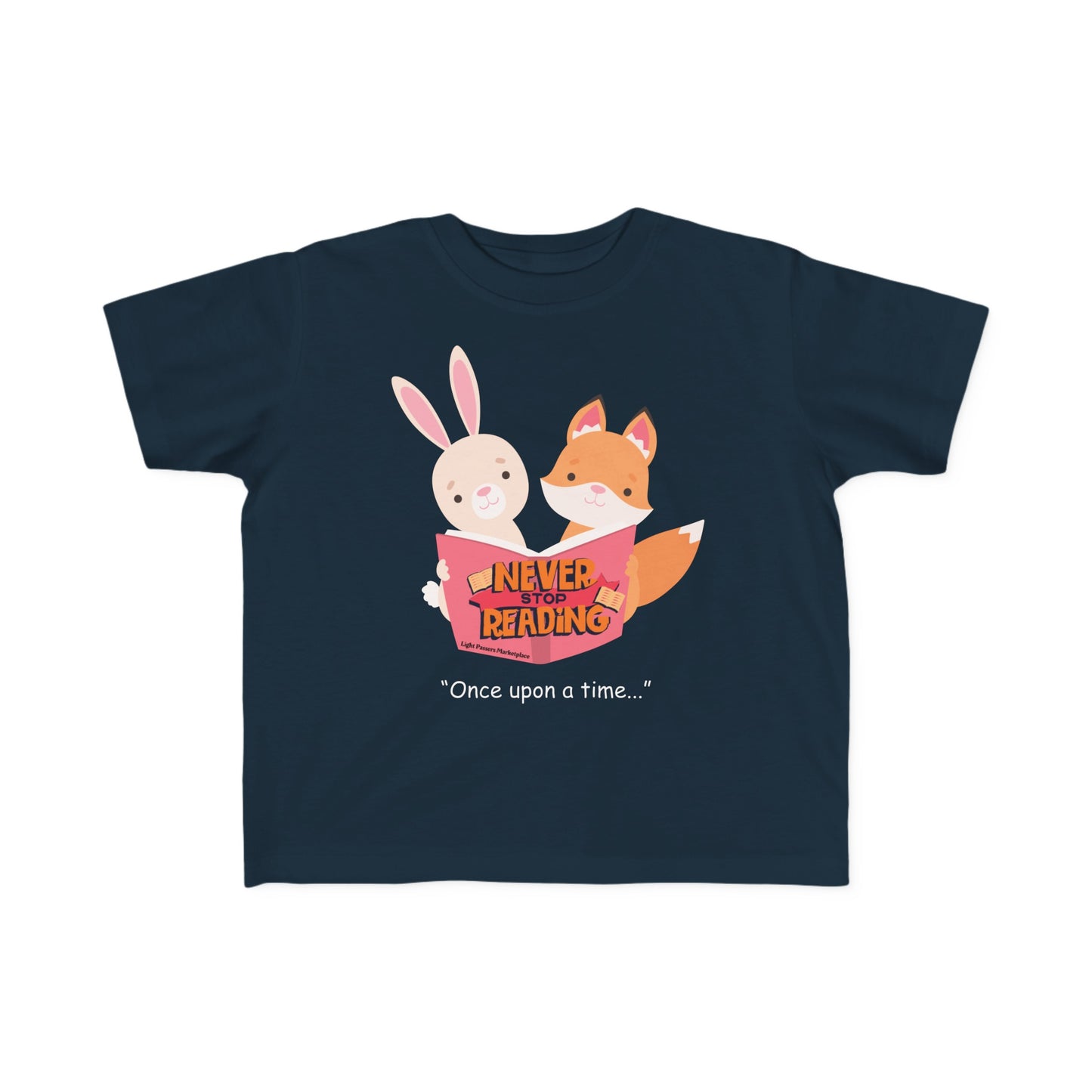 A toddler's tee featuring a cartoon fox and rabbit reading, ideal for sensitive skin. Made of 100% combed cotton, light fabric, tear-away label, and a classic fit. Never Stop Reading Toddler T-shirt.