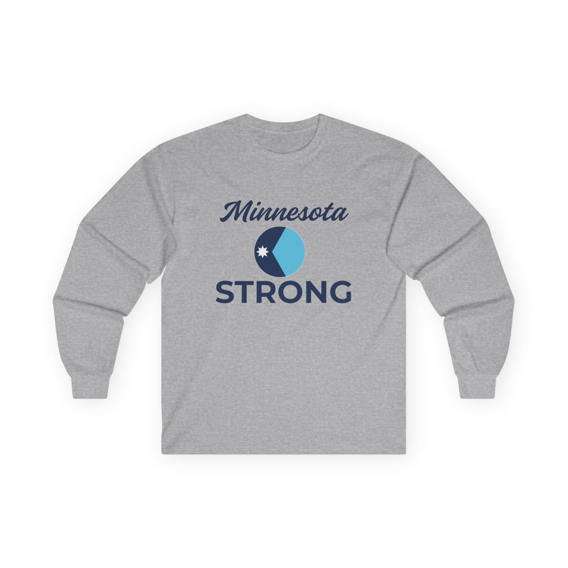 Heather-gray Minnesota Strong long-sleeve tee with script and circular icon, embodying community resilience; classic fit, environmentally-friendly cotton, suitable for inspirational wear.