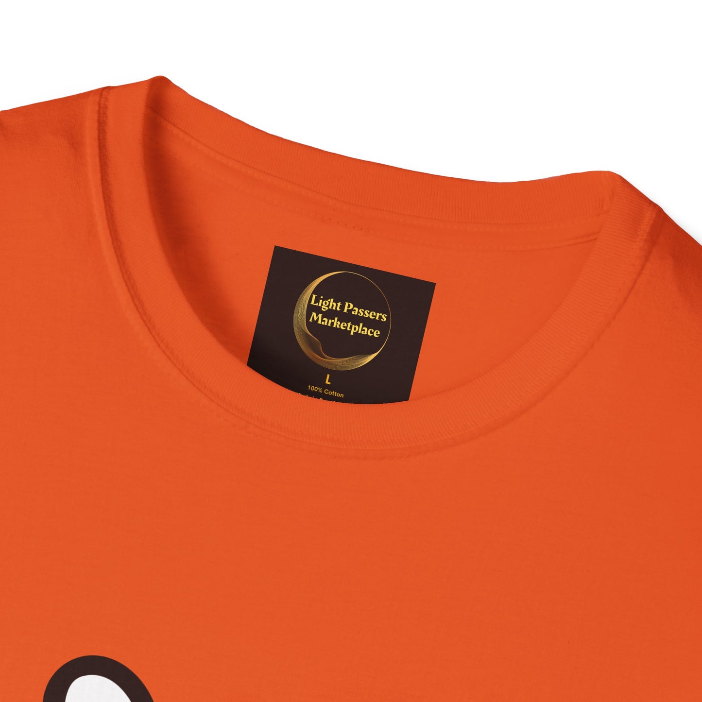 Soccer Dog Unisex T-Shirt, orange, crew-neck, size L, 100% cotton, with Light Passers Marketplace label in gold on black, showcases casual comfort and durability.