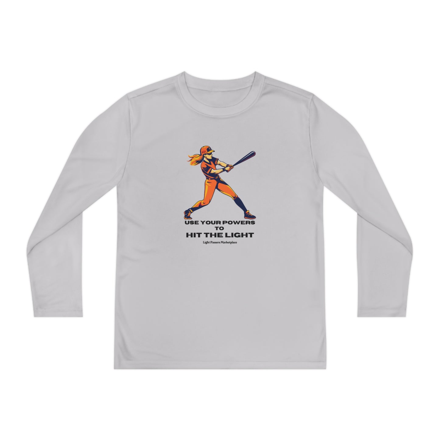 A long-sleeved active shirt featuring a girl holding a baseball bat, ideal for active kids. Made of 100% moisture-wicking polyester with an athletic fit and lightweight fabric.