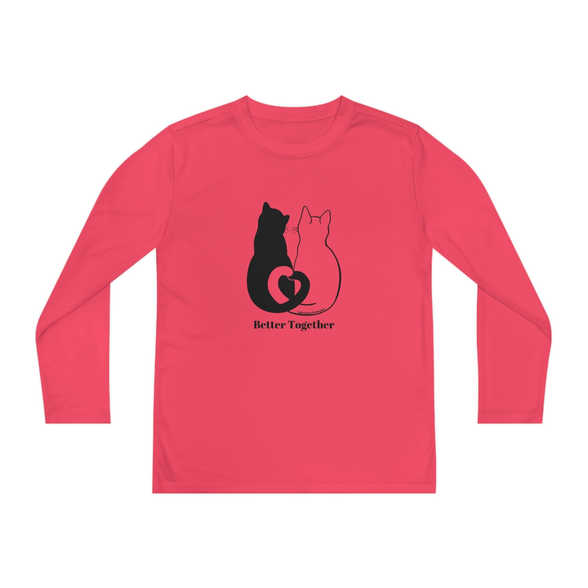 Youth Long Sleeve 2 Cats Heart Love Tails shirt features two cats forming a heart with their tails. Ideal for cat lovers, its design is charming and cozy.