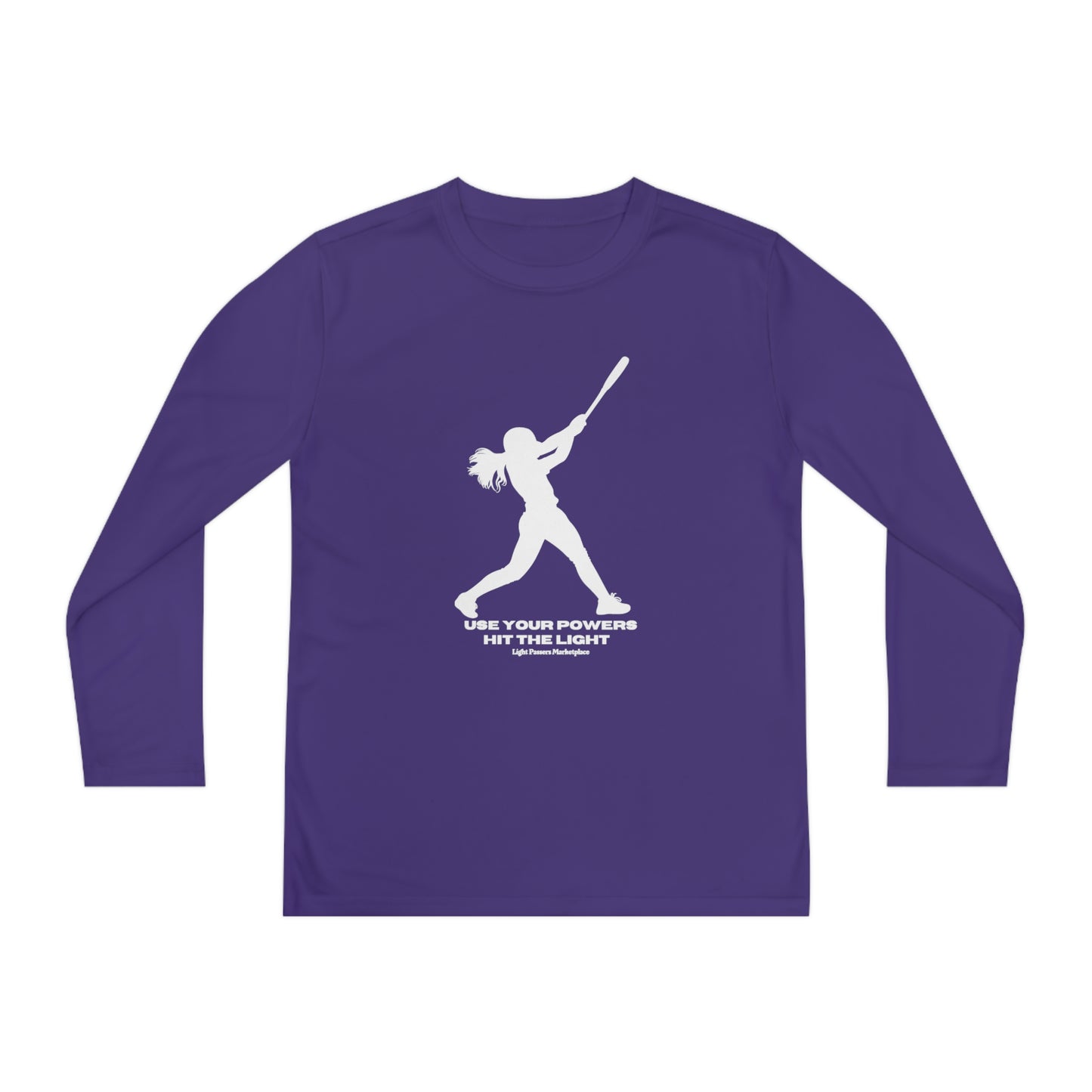 A purple long sleeve tee with a white silhouette of a girl swinging a bat. Sport-Tek PosiCharge® Competitor™ tee, 100% moisture-wicking polyester, lightweight, tear-away label, ideal for active kids.