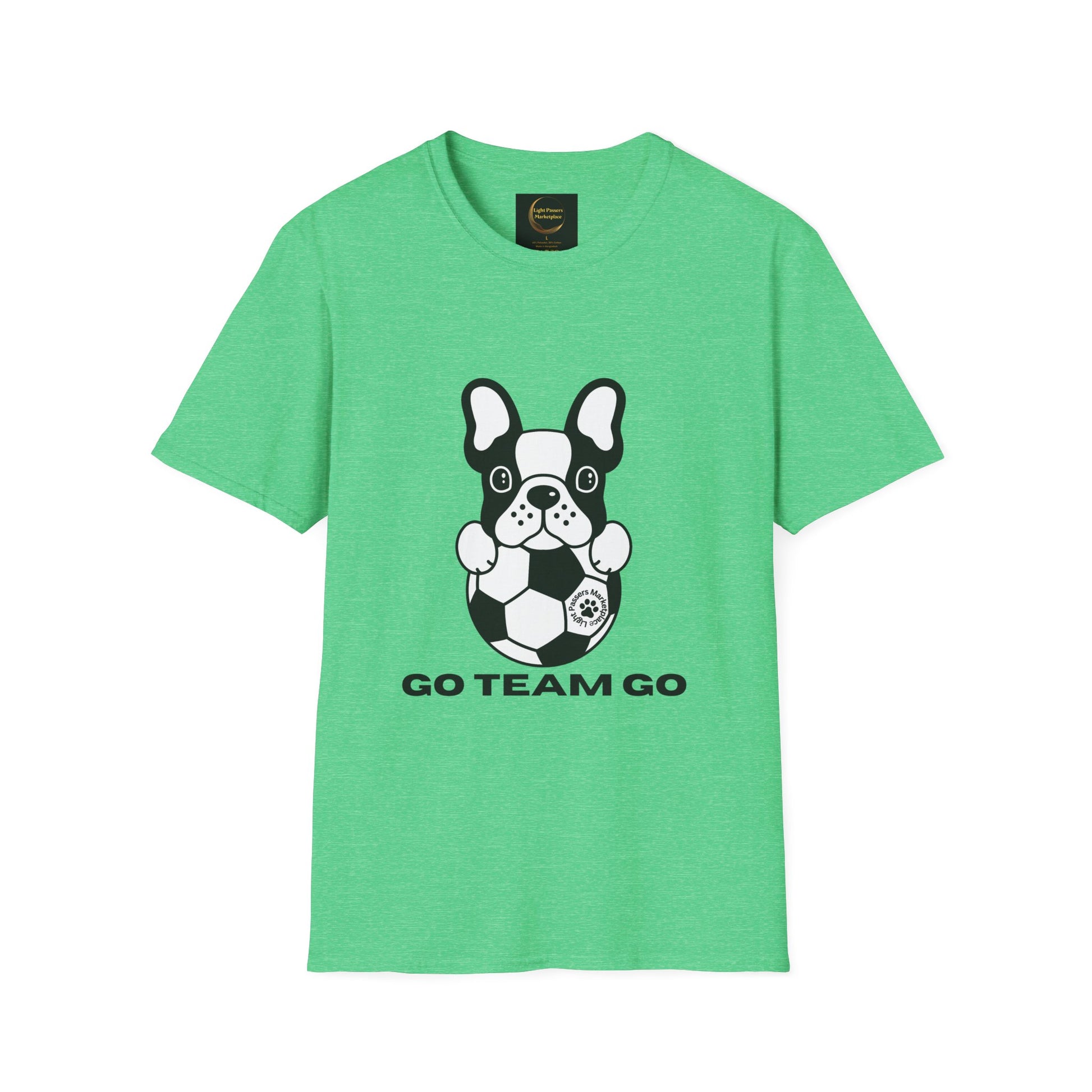 Soccer Dog Unisex T-Shirt featuring a cartoon French bulldog with a soccer ball and GO TEAM GO slogan, highlighting casual comfort and durability.