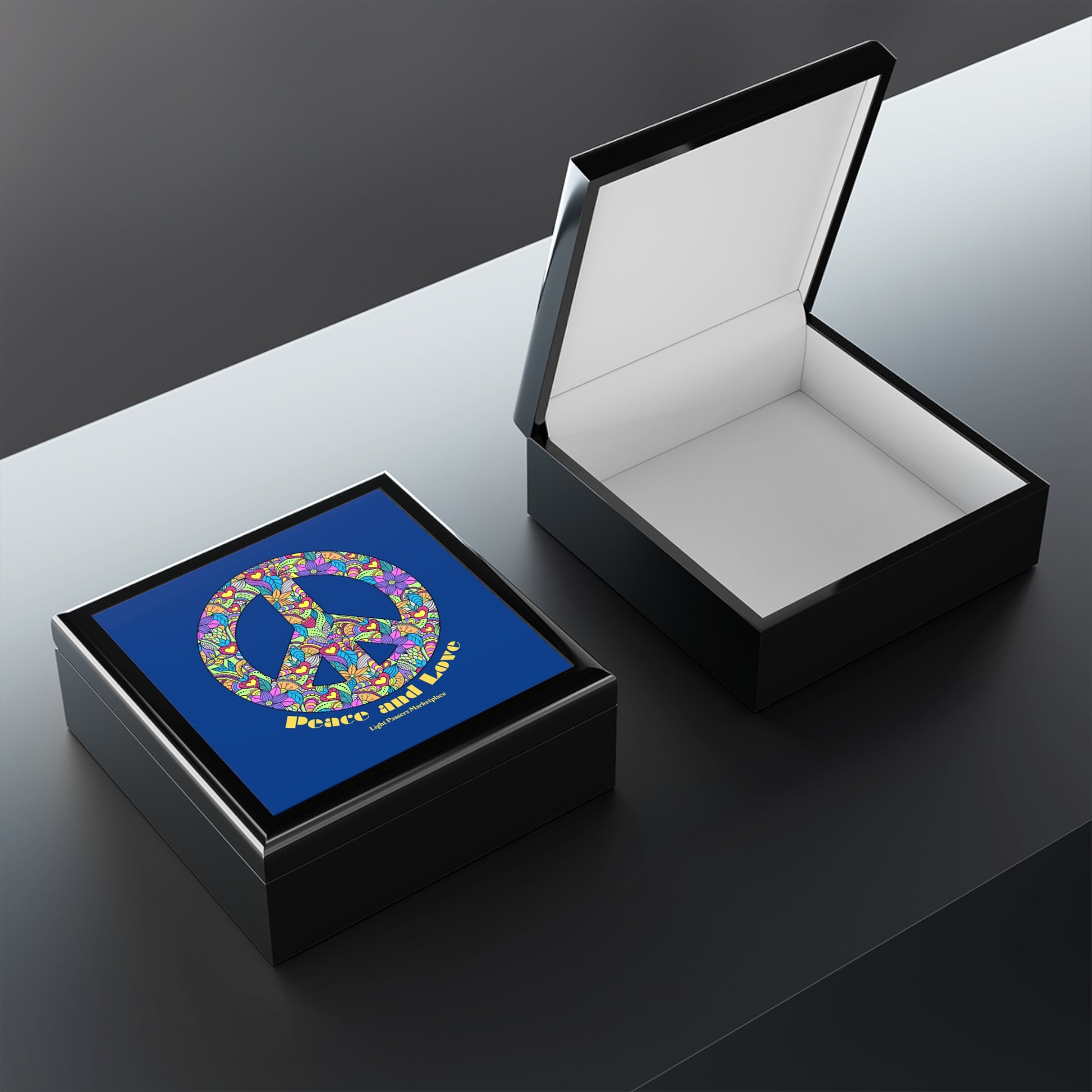 Flowered Peace Sign Wooden Jewelry Box with doodle peace-sign graphic on lid; open box reveals plain white interior. Perfect for storing necklaces and small treasures.