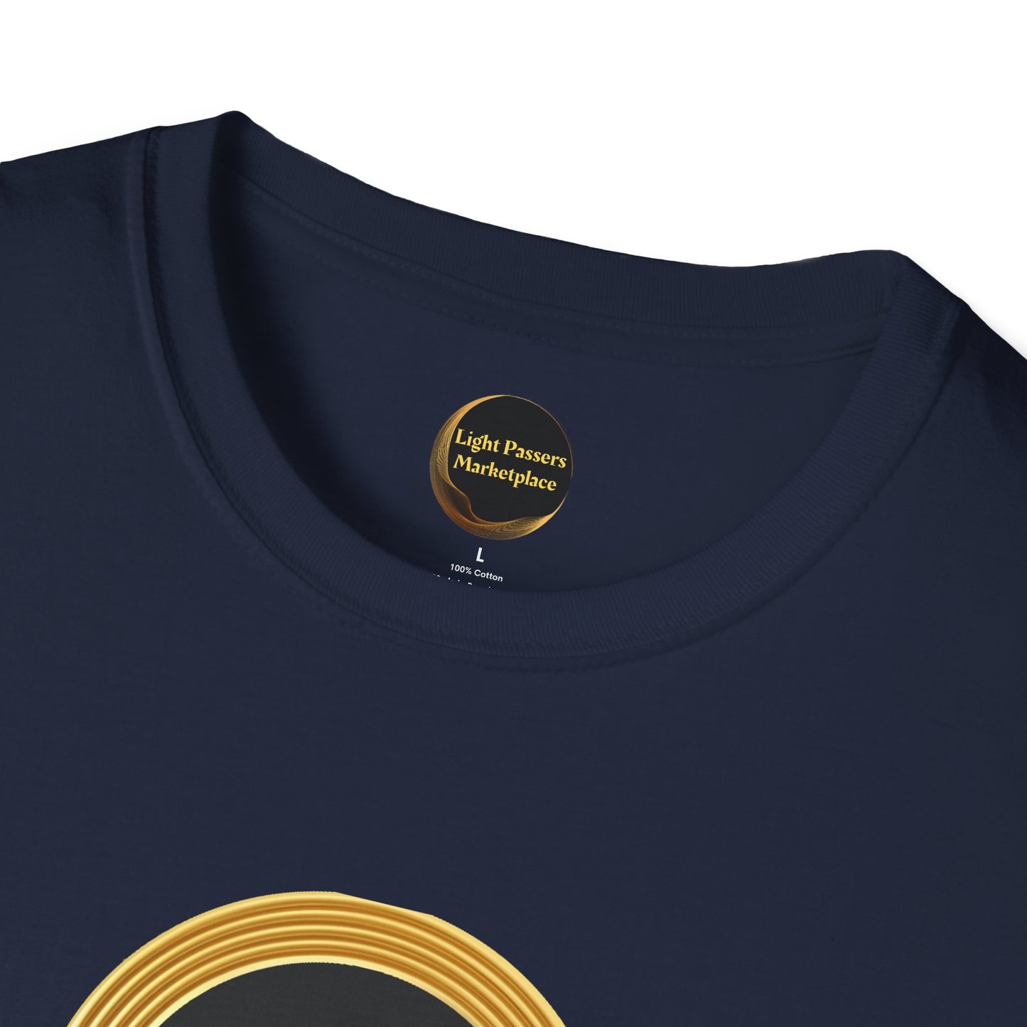 Close-up of navy-blue T-shirt's collar with Light Passers Marketplace label, featuring a partial gold graphic, symbolizing unity and empowerment from the Change Makers Unite collection.