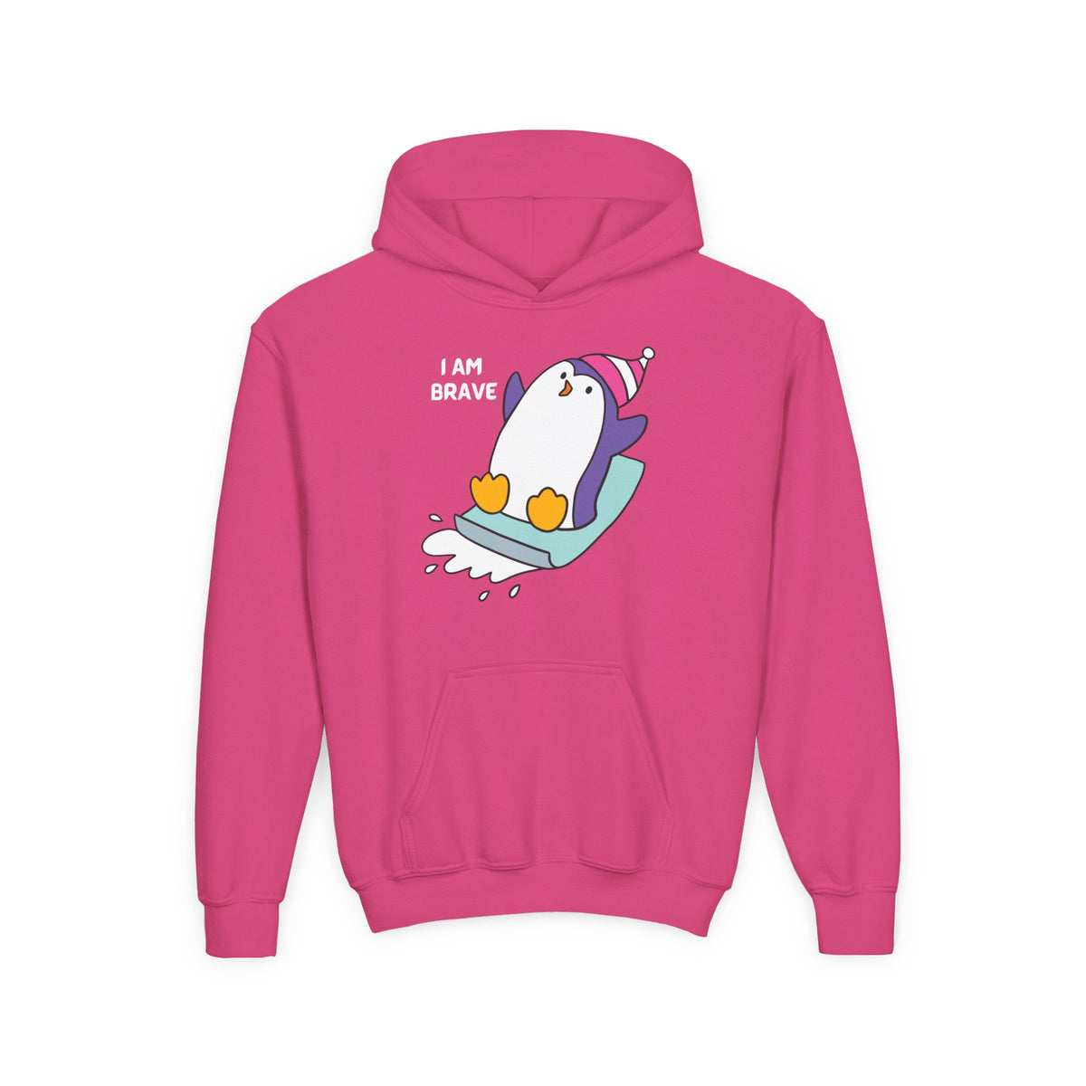 Brave Penguin Youth Hoodie – Cute Sledding Penguin "I Am Brave" Kids Sweatshirt