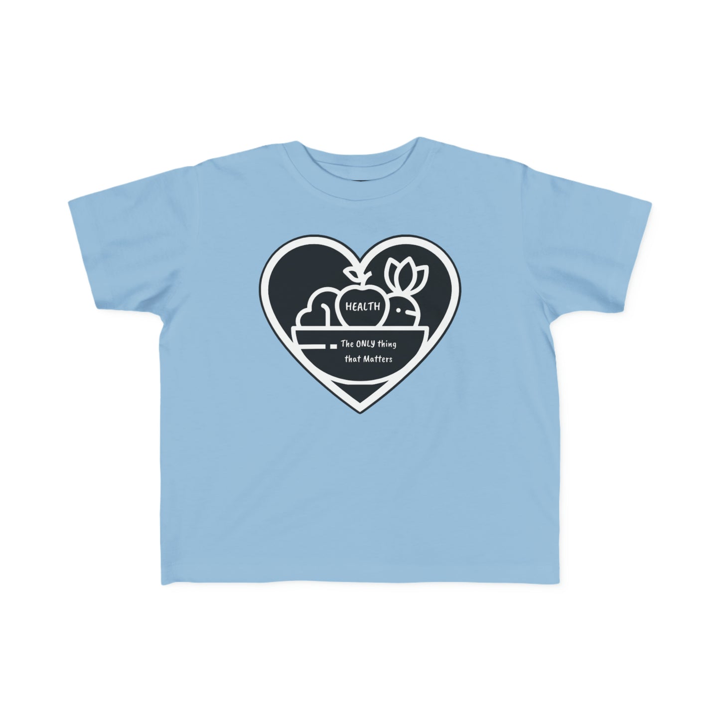 A Fruit Basket Toddler T-shirt featuring a blue shirt with a heart, flower, and logo design. Made of 100% combed cotton, light fabric, and tear-away label for comfort and durability.