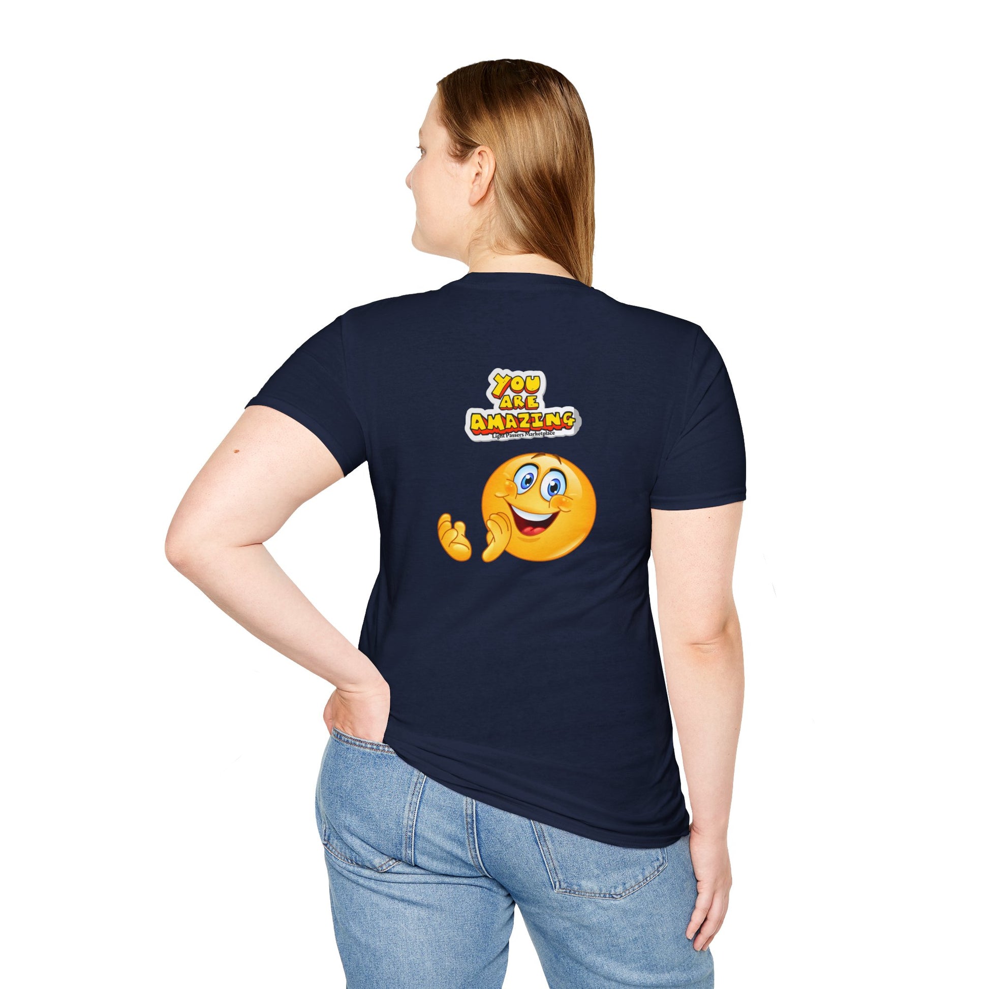 A person in blue jeans and a black shirt with a smiley face, showcasing the You are Amazing clap unisex t-shirt back. Made of soft 100% cotton with twill tape shoulders and no side seams for enhanced durability and comfort.