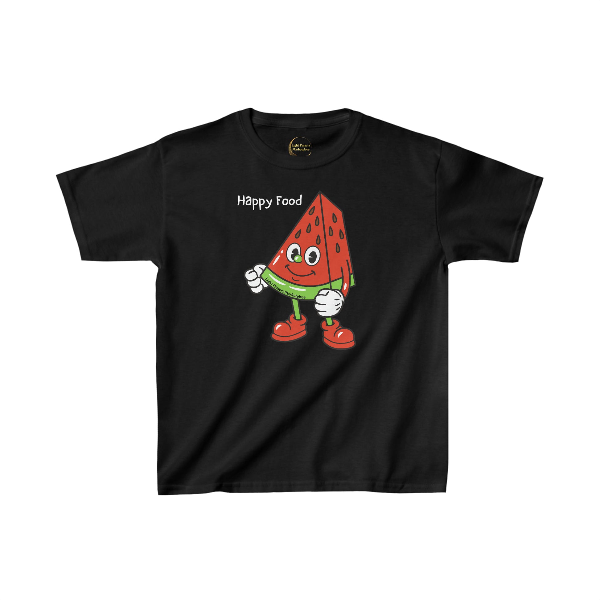 Youth black t-shirt featuring a cartoon watermelon design and fist graphic. Made of 100% cotton with twill tape shoulders for durability and ribbed collar for curl resistance. Ethically sourced US cotton.