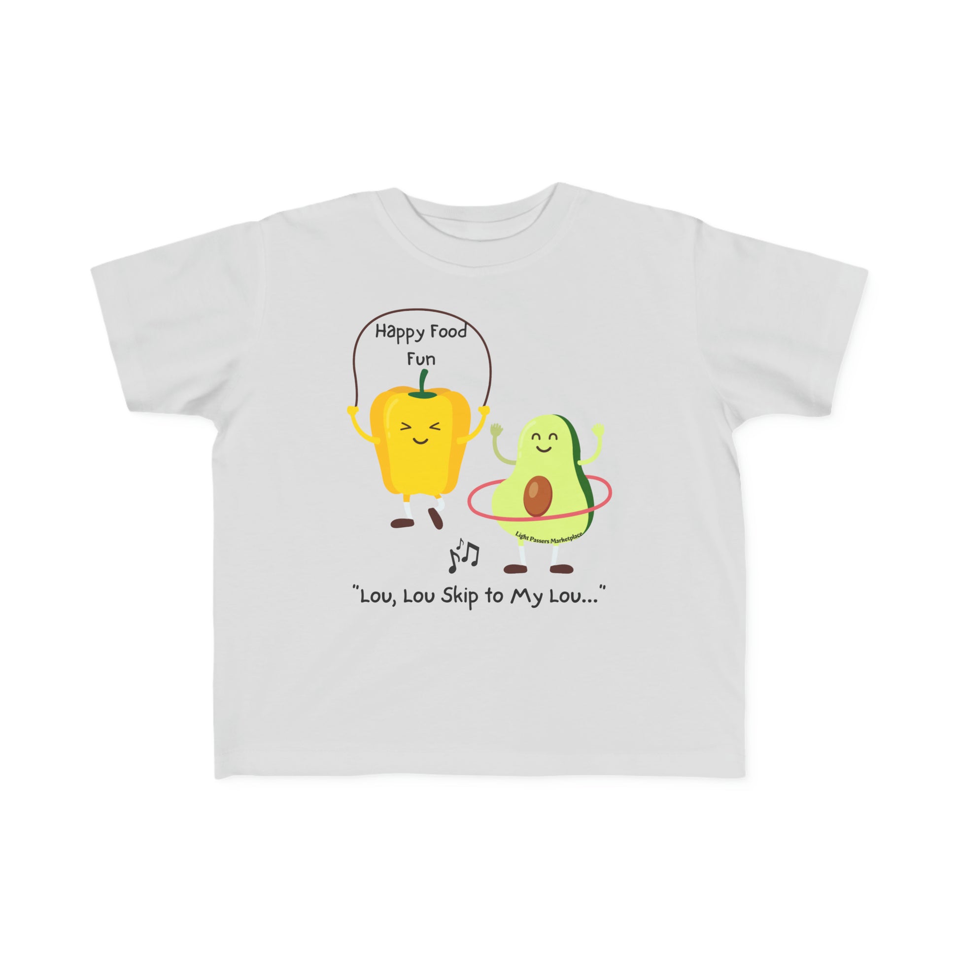 A white toddler t-shirt featuring cartoon food characters, made of soft 100% combed cotton. Durable print, tear-away label, and a classic fit for comfort.
