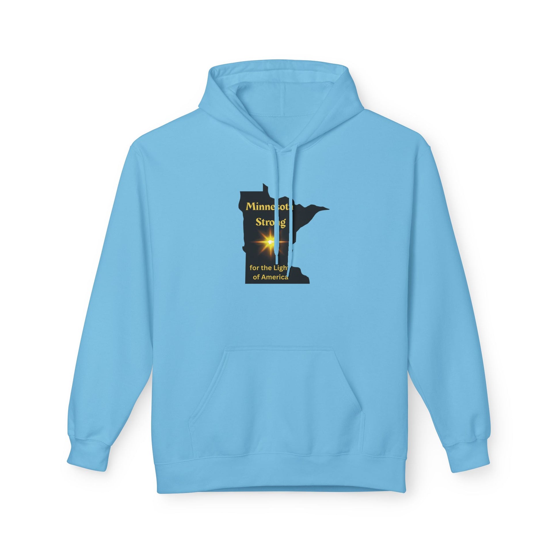 Light-blue hoodie with Minnesota silhouette, golden starburst, and Minnesota Strong text, offering warmth and comfort with socially conscious production, perfect for layering.