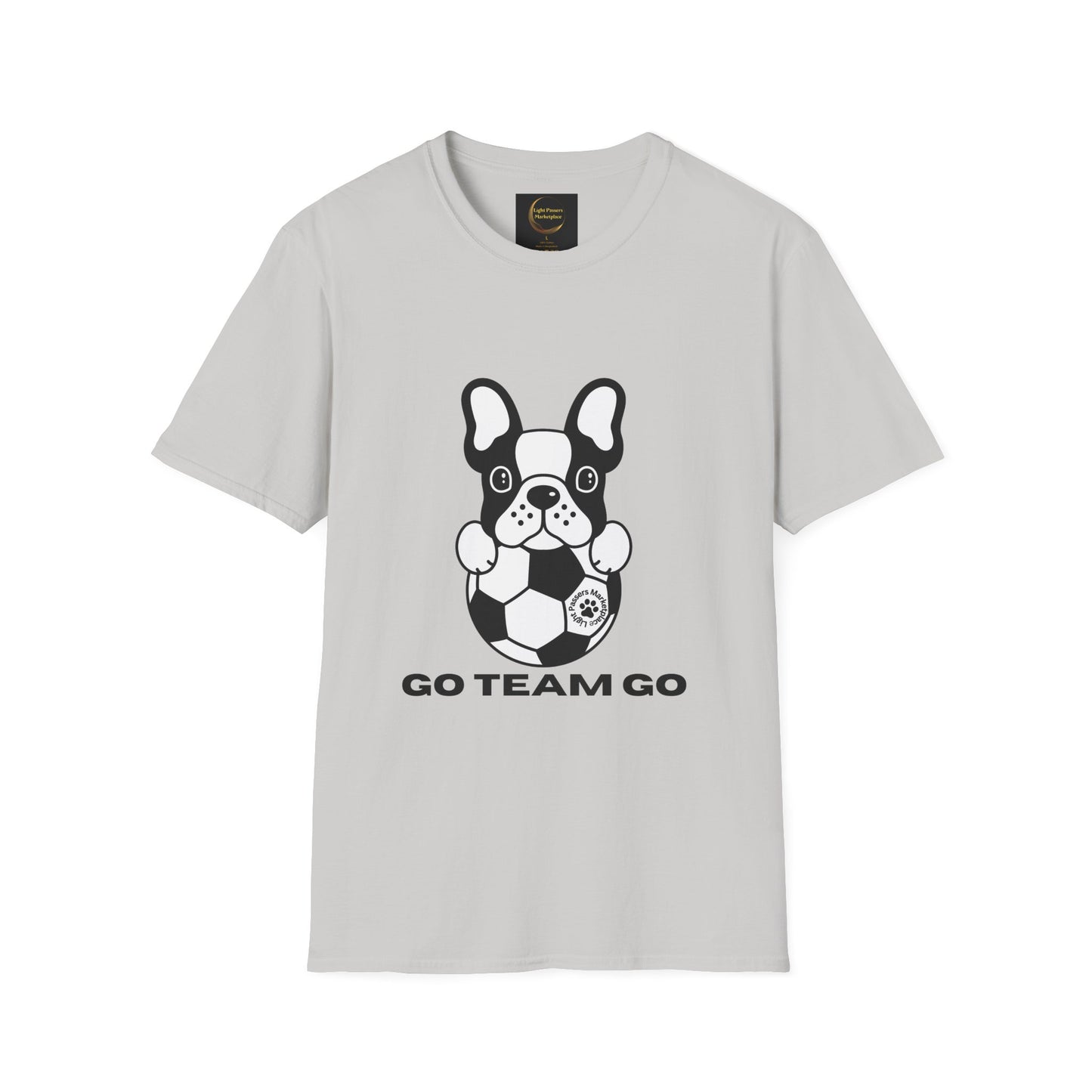 Soccer Dog Unisex T-Shirt featuring a cartoon French bulldog with a soccer ball and the slogan “GO TEAM GO” on a light-gray background.