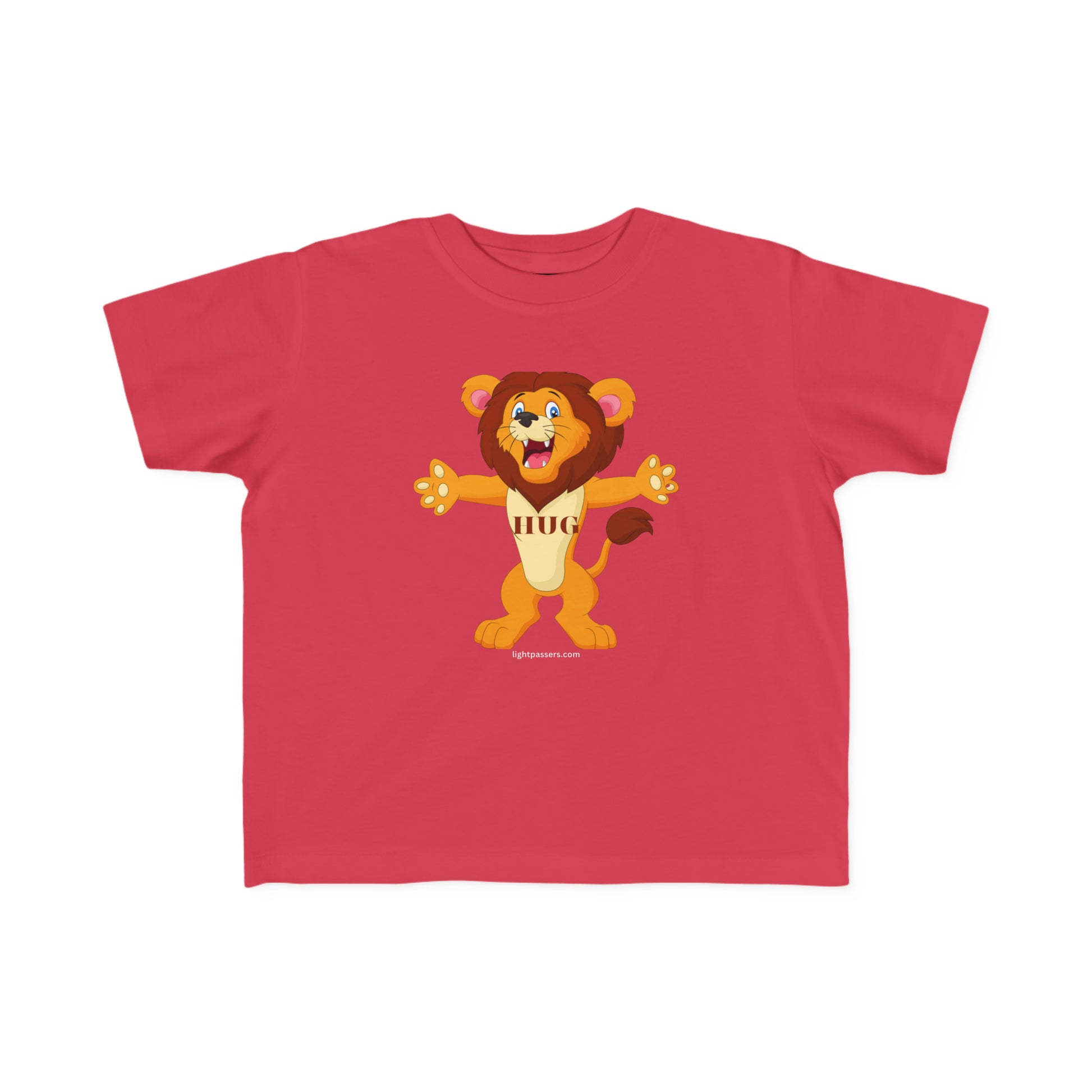 A red toddler t-shirt featuring a cartoon lion design, ideal for sensitive skin. Made of 100% combed, ring-spun cotton with a durable print, light fabric, tear-away label, and a classic fit.