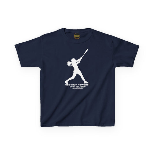 Teams Hit the Light T-shirt Youth featuring a silhouette of a woman swinging a bat with the slogan USE YOUR POWERS HIT THE LIGHT and Light Passers Marketplace text.