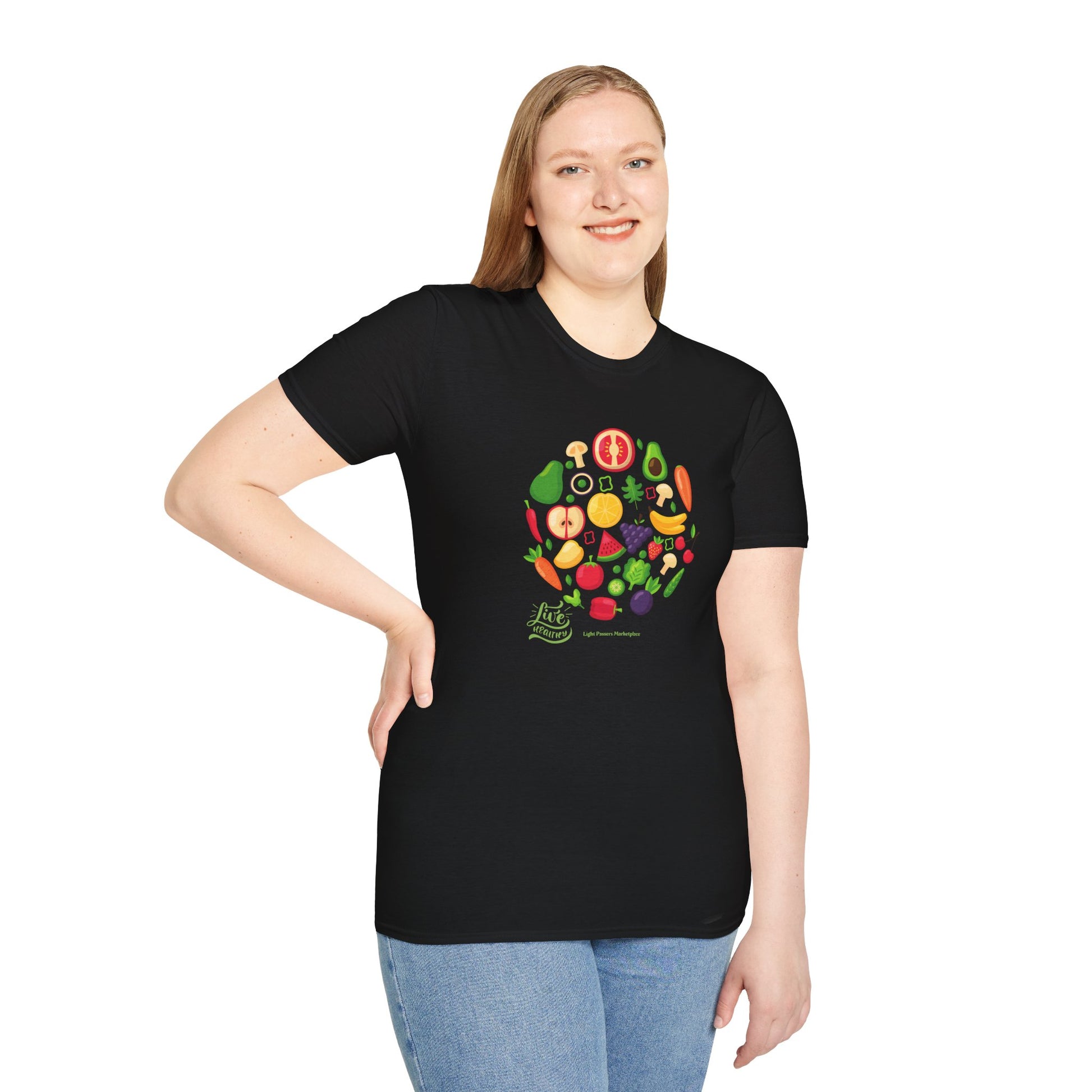 A woman in a black fruit design t-shirt smiles, showcasing the Live Healthy Unisex T-Shirt. Soft 100% cotton, twill tape shoulders, no side seams, and ribbed collar for durability and comfort.