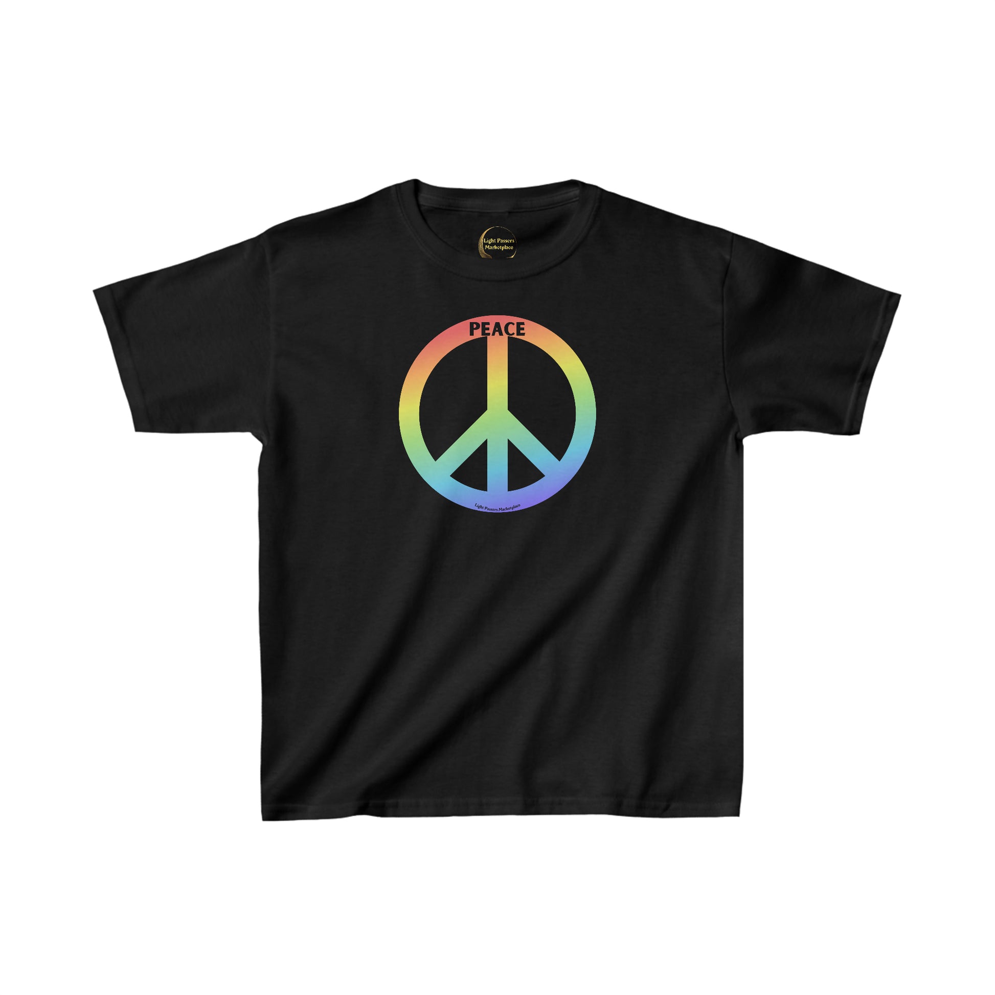 Youth black shirt featuring a rainbow peace sign symbol. Made of 100% cotton, with twill tape shoulders for durability and curl-resistant collar. Ethically sourced US cotton.