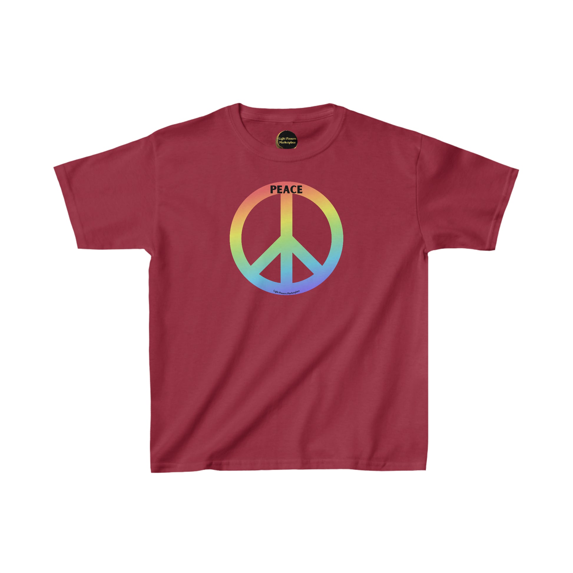 A red youth t-shirt featuring a peace sign design. Made of 100% cotton for solid colors, with twill tape shoulders for durability and curl-resistant collar. Ethically sourced and Oeko-Tex certified.