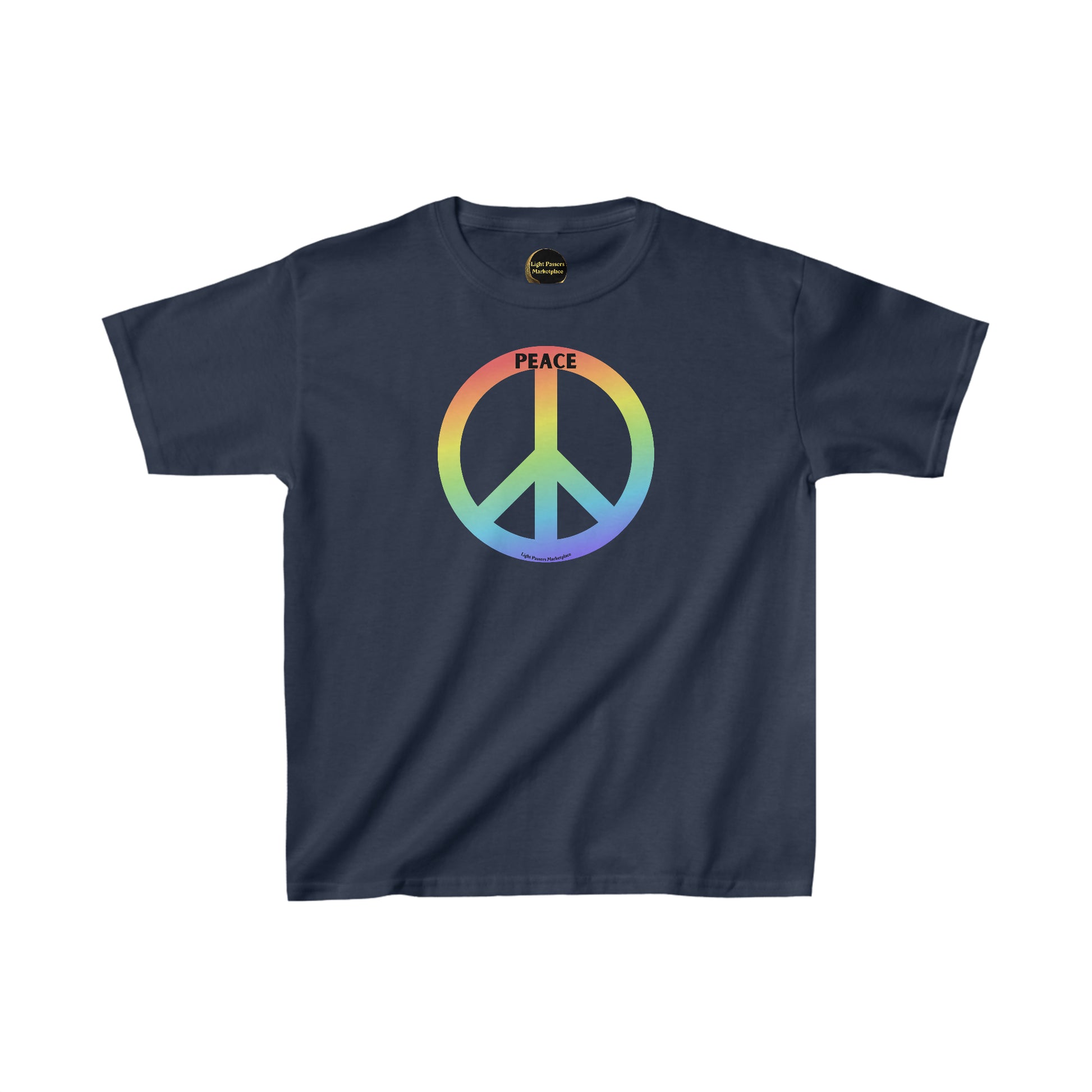 A blue youth t-shirt featuring a peace sign symbol. Made of 100% cotton with twill tape shoulders and ribbed collar for durability. Ethically sourced US cotton with tear-away labels for comfort.