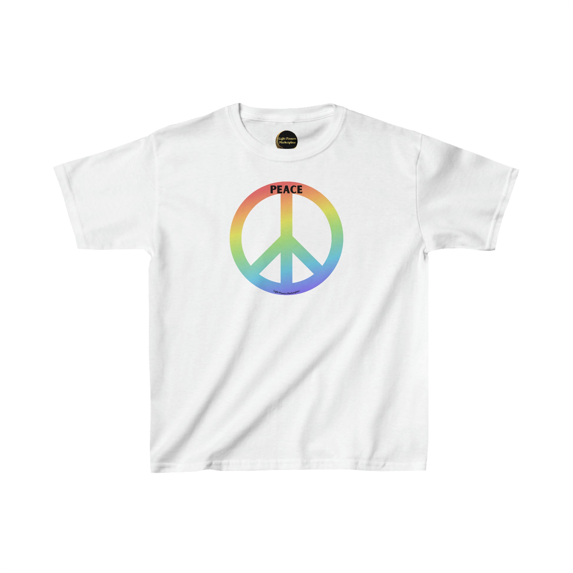 A white youth t-shirt featuring a peace sign design, made of 100% cotton with twill tape shoulders and ribbed collar for durability and comfort. Made ethically in the US.